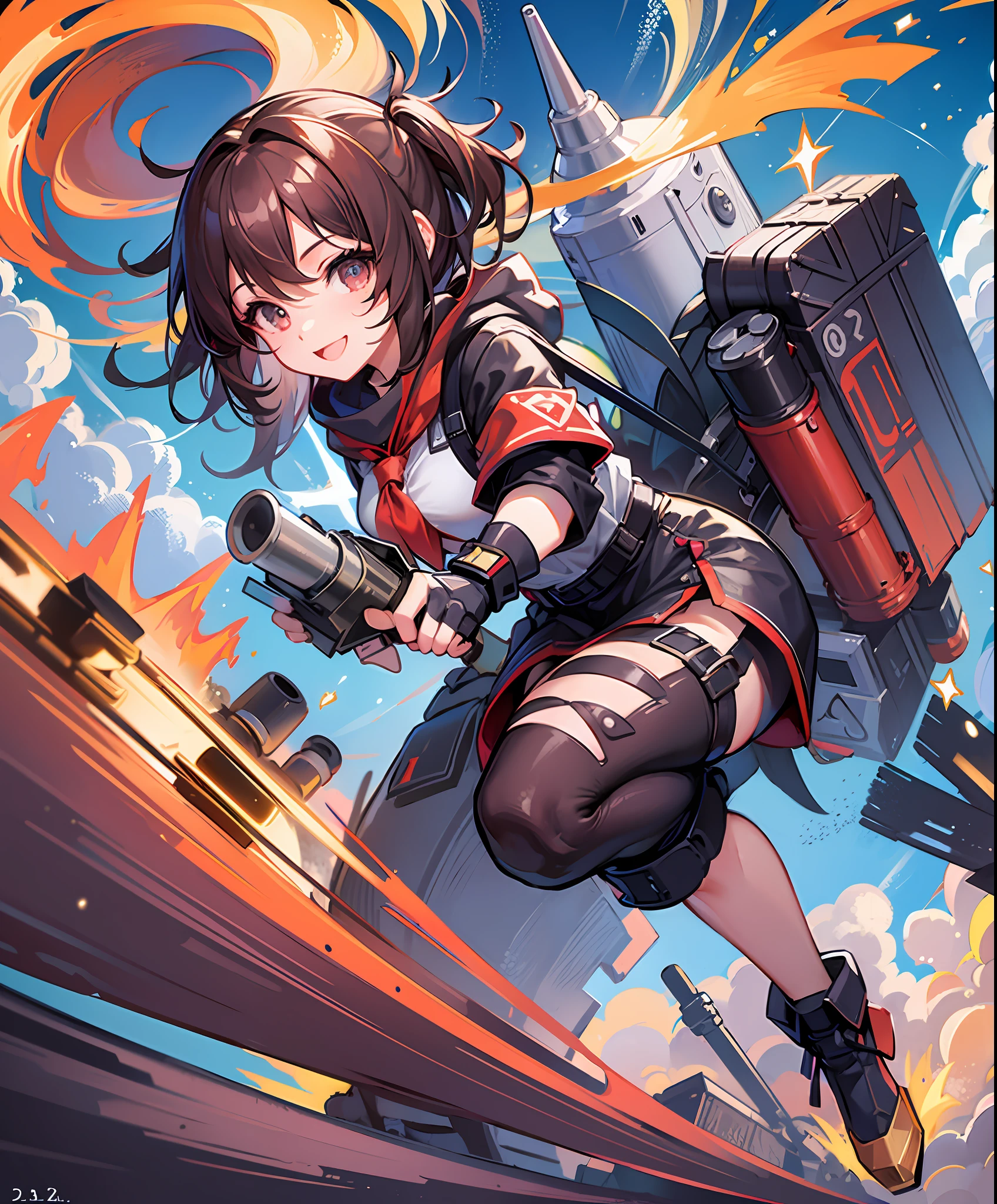 (Rocket Launcher: 1.3), (Explosion: 1.2), Squadron, Rocket Launcher Carry, Rocket Launcher Love, Hero, Girl, Hero Costume, Ally of Justice, Turn Into a Hero, Town, Cute, Masterpiece, High Definition, 16k, Illustration, Detailed Hands, Detailed Feet, Wide Angle, Full Body, Smile