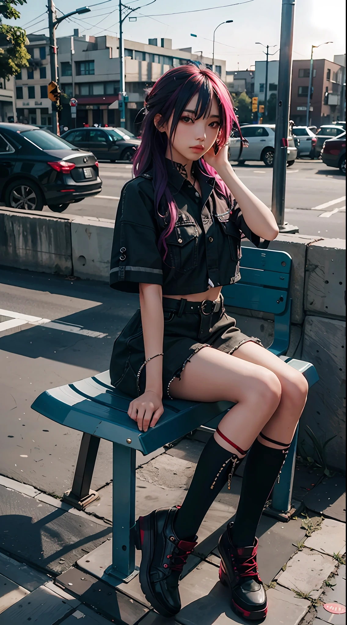 Online world, colored hair ((pretty face)), fishing nets, punk, sitting on a bench, URBAN_GAL ((best quality)), ((masterpiece)) depth of field