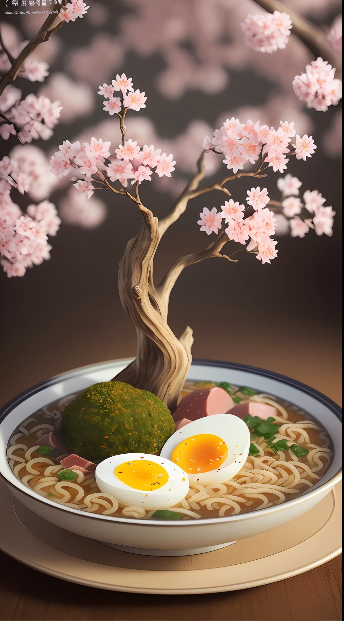 A large ramen with a half boiled egg, a slice of boiled ham, food sticks (still life), (autumn in Japan, sakura blossoms, rock garden, bonsai) fog, haze, high detail, hyperdetail, intricate detail, fine detail, hyperdetail, film, hyperrealistic, hyper realism soft light, studio lighting, diffused soft lighting, shallow depth of field, sharp focus bokeh, raytracing, subsurface scattering, diffused soft lighting, ultradetailed, (intricately detailed, fine details, hyperdetailed), cinematic, surrealism, (Poster: 1.6)