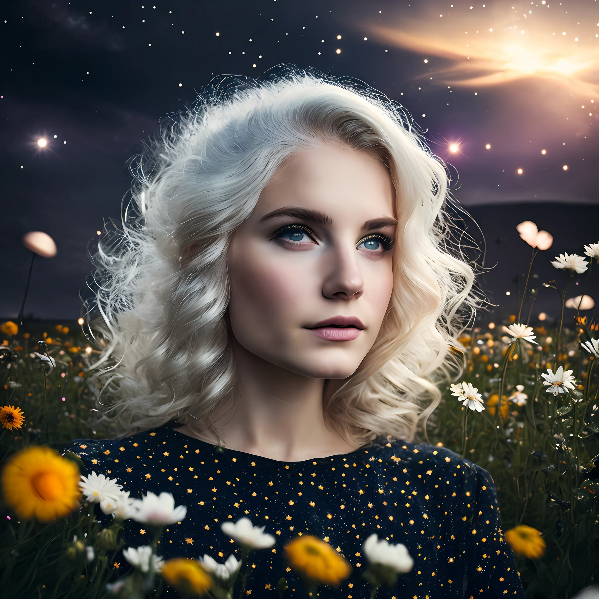 Photorealistic, cinematic lighting, contrast, space stars, milky way arm , ethereal glow, , dramatic lighting, godrays, ((beautiful young russian women, cute face)), looking back at the viewer, happy, white hair, curly wavy hair, beautiful face, flower field, landscape filled with vibrant flowers, night, Saturn rings, Black hole, cosmos
