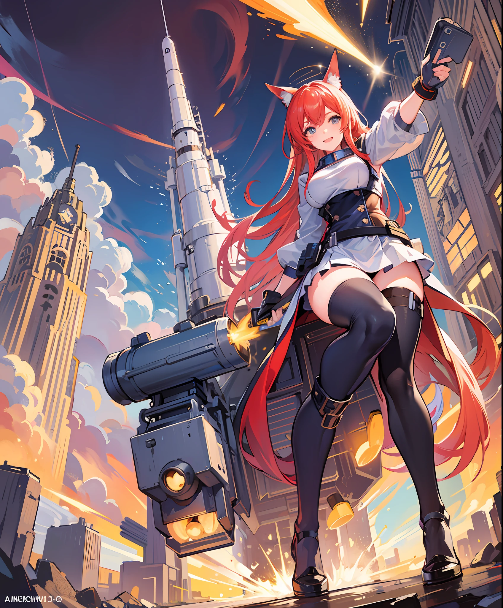 (Giant Rocket Launcher: 1.3), Strike Squadron, Rocket Launcher, Love Rocket Launcher, Hero, Girl, Hero Costume, Ally of Justice, Transform into a Hero, Town, Cute, Masterpiece, High Definition, 16k, Illustration, Detailed Hands, Detailed Feet, Wide Angle, Full Body, Smile