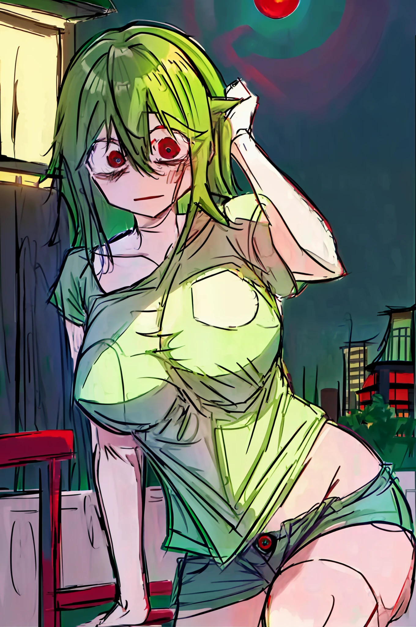 YuukaKazami, red_eyes, green_hair,
((((green t-shirt)))), ((half-jean)), (((night))),high-rise building,