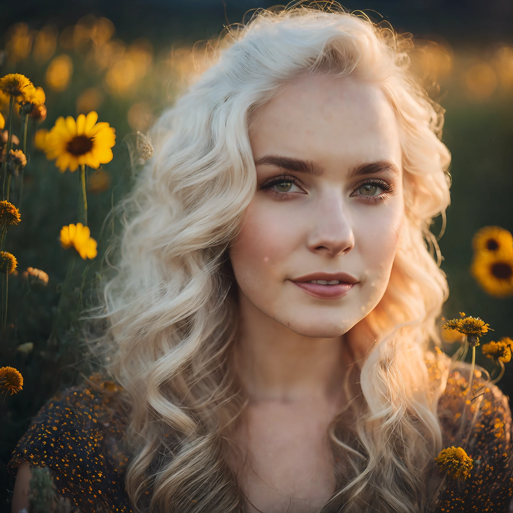 Photorealistic, cinematic lighting, contrast, space stars, milky way arm , ethereal glow, , dramatic lighting, godrays, ((beautiful young russian women, cute face)), looking back at the viewer, happy, white hair, curly wavy hair, beautiful face, flower field, landscape filled with vibrant flowers, golden hour,