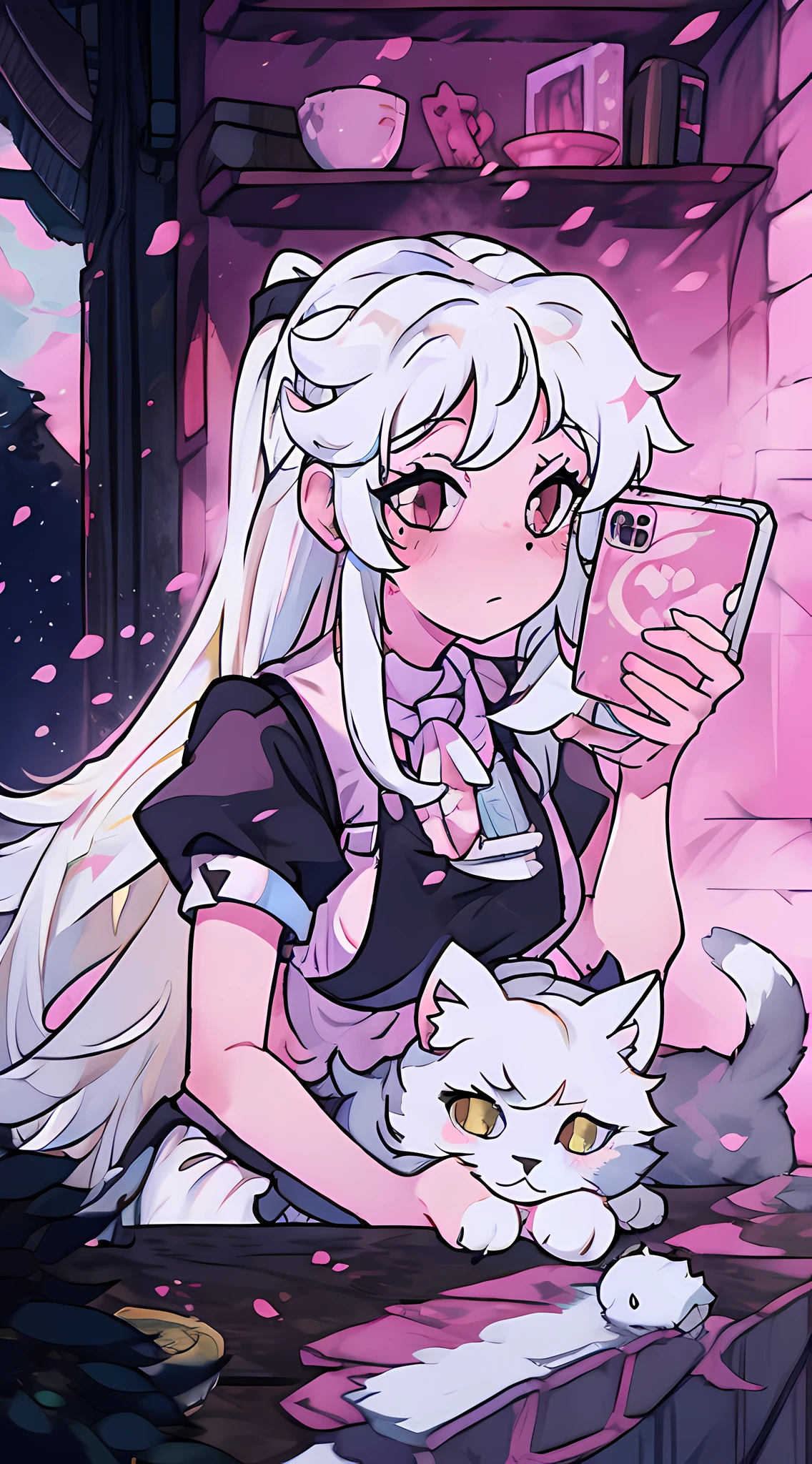 blonde woman in a pink top and black skirt taking a selfie with her cat, with white long hair, her hair is white, perfect white haired girl, with long white hair, tifa lockhart with white hair, with black pigtails, white cat girl, girl with white hair, with long blond hair, 18 years old, anime vibes