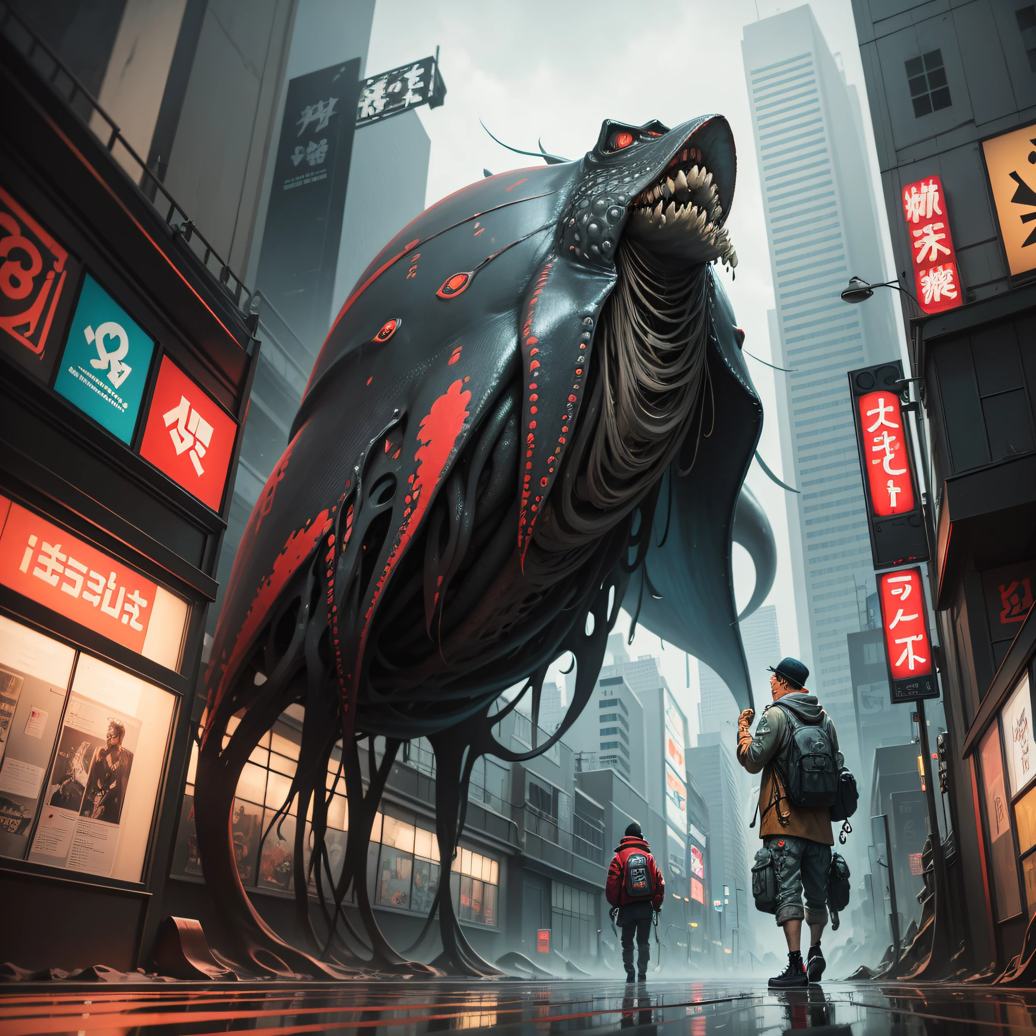 Create a twisted, Dadaist oil painting of a giant squid in a post-apocalyptic world, with a Japanese-inspired street culture. The style should be highly textured and surreal, with vibrant neon colors and splashes of ink. --auto --s2