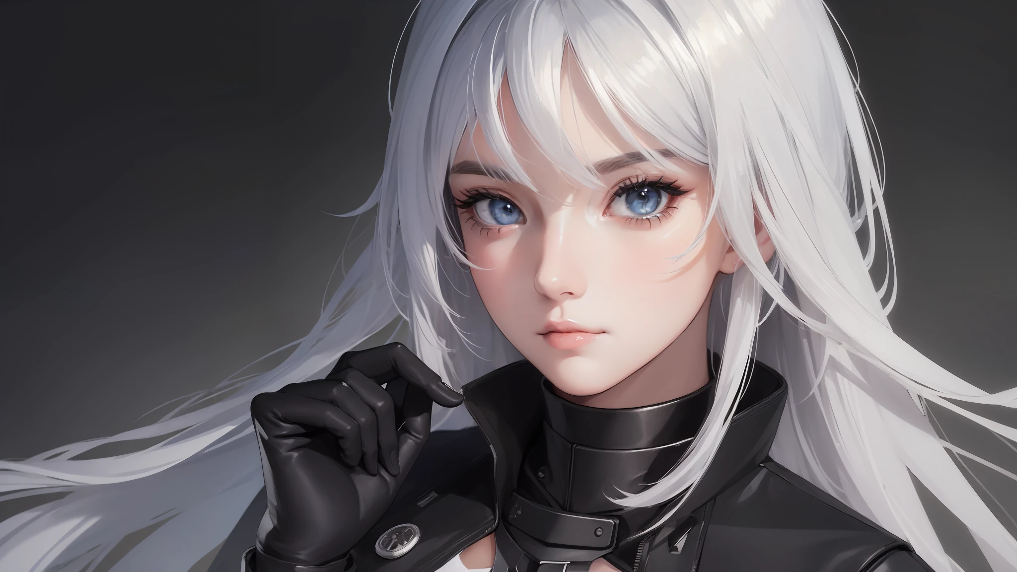 ((high quality, masterpiece:1.4)), 1girl, upper body, cyberpunk, black techwear, black gloves, white hair, japanese girl, symmetrical face, symmetrical eyes, looking at viewer, grey eyes, pretty face, beautiful face, beautiful eyes, beautiful girl, pretty girl, perfect facial shape, absurdres, realistic proportions, dynamic pose, high details, intricate, intricate details, realistic eyes, realistic eye proportions, sharp focus, 32k, realistic lighting, extreme details, realistic pupils, realistic proportion eyes, realistic proportions pupils, realistic shadows,