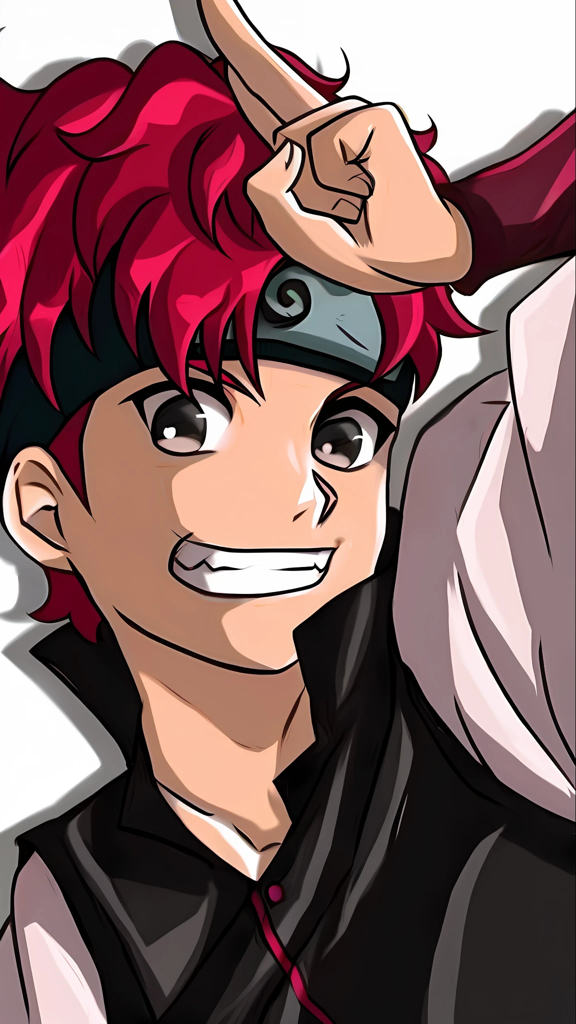 anime characters with red hair and black vests posing for a picture, choke smirk smile grin, akatsuki akira, roguish smirk, red - cheeks!!, large eyes and menacing smile, smiling but has a temper, kentaro miura manga art style, ichigo kurosaki, [[[[grinning evily]]]] --auto --s2