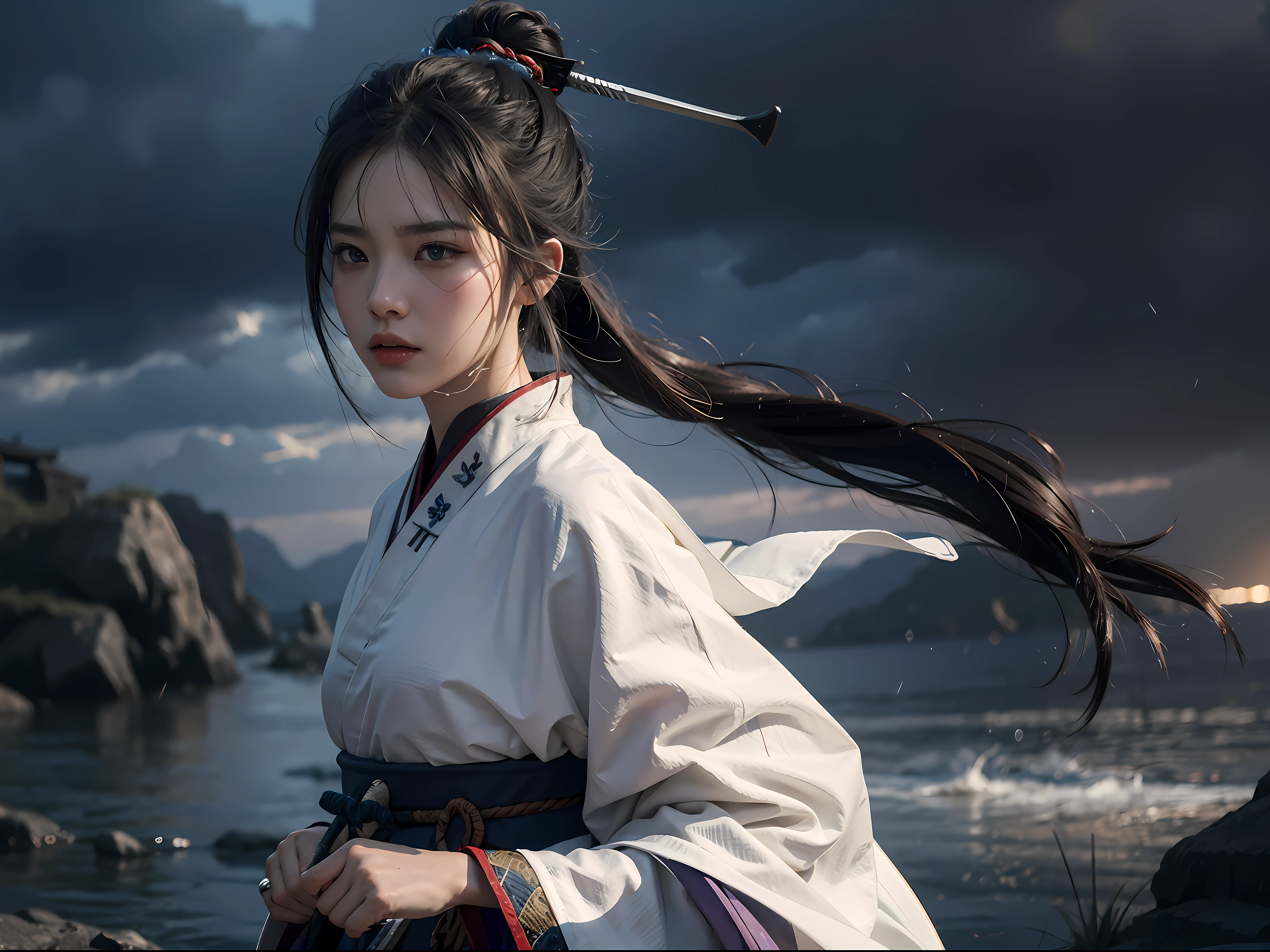An intense and dramatic Battle Royale scene with samurai warriors, showcasing the best quality and ultra-detailed CG in an extremely delicate and beautiful way. The focus is on the dynamic and powerful poses of the samurai in a high-resolution, dynamic angle. The scene includes blue eyes, multicolored hair, and a white wuxia outfit with a neck ribbon for a beautiful face and striking look. The backdrop features too many drops of water, a cloudy and twilight atmosphere, in a watercolor style for a wide shot view.