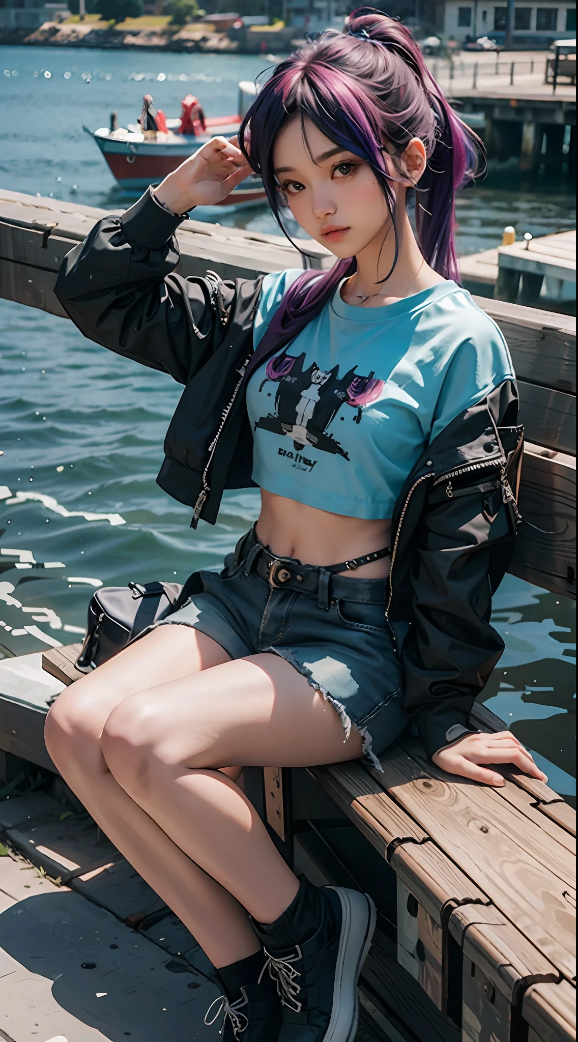 Online world, colored hair ((pretty face)), fishing nets, punk, sitting on a bench, URBAN_GAL ((best quality)), ((masterpiece)) depth of field