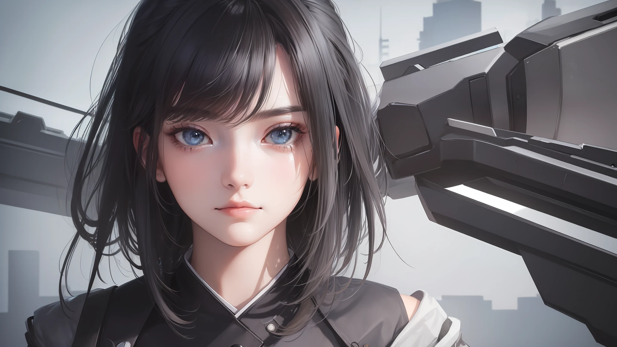 ((high quality, masterpiece:1.4)), 1girl, upper body, cyberpunk, black techwear, black gloves, white hair, japanese girl, symmetrical face, symmetrical eyes, looking at viewer, grey eyes, pretty face, beautiful face, beautiful eyes, beautiful girl, pretty girl, perfect facial shape, absurdres, realistic proportions, dynamic pose, high details, intricate, intricate details, realistic eyes, realistic eye proportions, sharp focus, 32k, realistic lighting, extreme details, realistic pupils, realistic proportion eyes, realistic proportions pupils, realistic shadows,