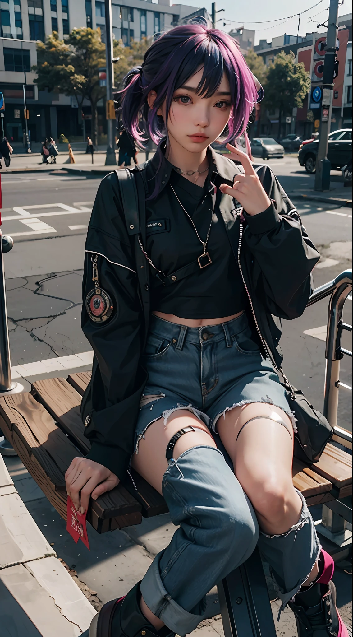 Online world, colored hair ((pretty face)), fishing nets, punk, sitting on a bench, URBAN_GAL ((best quality)), ((masterpiece)) depth of field