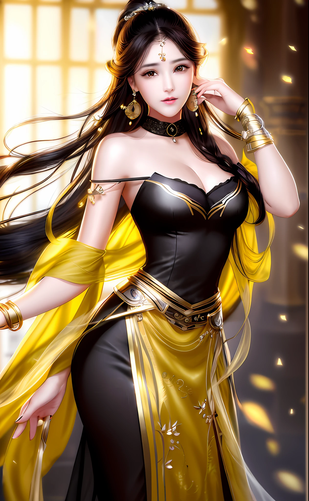(masterpiece:1.0), (best quality:1.4), (ultra highres:1.2),4K quality, (delicate illustration:1.4),(8k, RAW photo:1.2), soft focus,(sharp focus:1.4), vibrant colors, high quality, high contrast, gorgeous_light_and_shadow,(best quality),
(Japanese:1.0),(china:0.5),(1 girl),(18yo:1.3),(Liu Yi Fei:1.3),rose_blackpink,
exquisite facial features, exquisite hair, exquisite eyes, exquisite colored hair,round eyes and long hair,  perfect skin, volumetric lighting, stunning environment, highly detailed, ultra realistic,hick lips, beautiful lips,(yellow skin tone),warm tones,
black hair, intricate hair ornament,stud earrings,ponytail plait, bracelets,(choker:1,3),jewelry,hair decoration,large breasts,
1girl, black_hair, blurry, blurry_background, blurry_foreground, brown_eyes, closed_mouth, depth_of_field, earrings, fingerless_gloves, gloves, jewelry, lips, looking_at_viewer, photorealistic, realistic, ribbon, sleeveless, solo