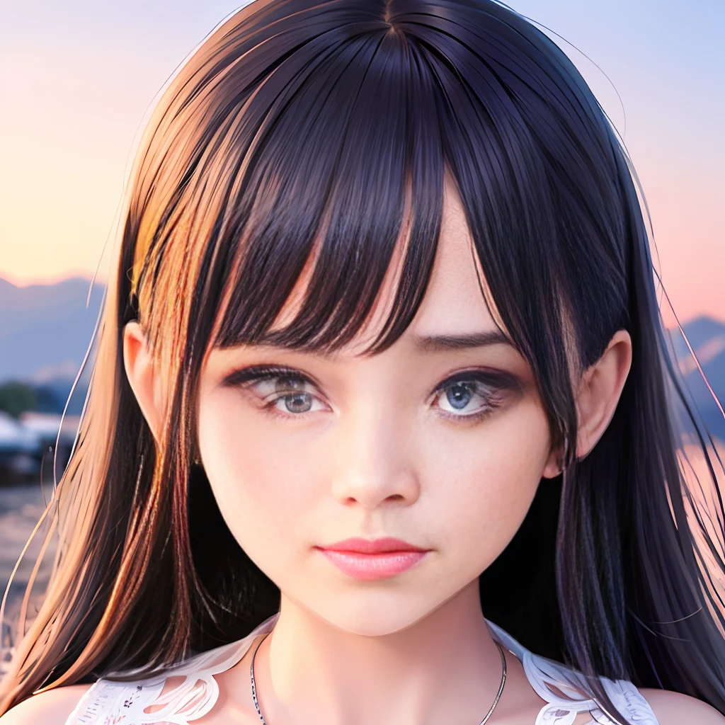 1 girl, (extreme skin shine: 1.4), (extreme light and shadow changes), (gorgeous costumes: 1.5), (delicate face and eyes: 1.3), (shiny colored eyes: 1.5), intricate hair decoration. The girl in the painting wears a purple robe, which seems to set off the snow-white face and become more delicate. She tilted her head slightly, her eyes calm, and she seemed to be thinking about something. The mountains and sky in the background are depicted in detail, making the whole painting more realistic. (Realism: 1.3), (Extreme Complexity: 1.2), (Realistic Photos: 1.3), (Surrealism: 1.4), Volumetric Lighting, Film Lighting, Film Effects, Girl Portrait, 8k.