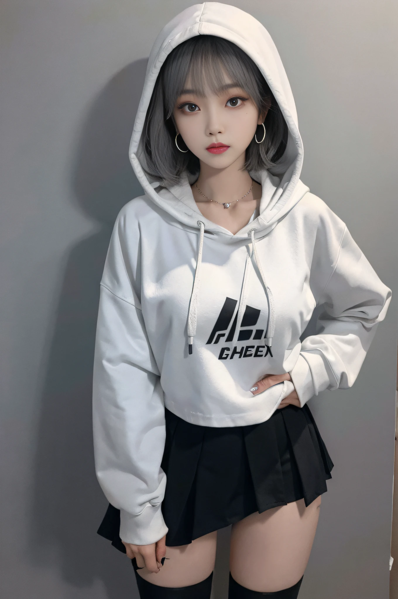 17-year-old cool Korean, big round breasts, hooded hoodie, cropped length cut and sewn, skirt, eyes beautiful to detail, eyelashes, beautiful double eyelids, eyeshadow, slender eyes, thin beautiful thighs, beautiful thin legs, perfect eye makeup, gray hair, bob cut, , necklace, earrings,