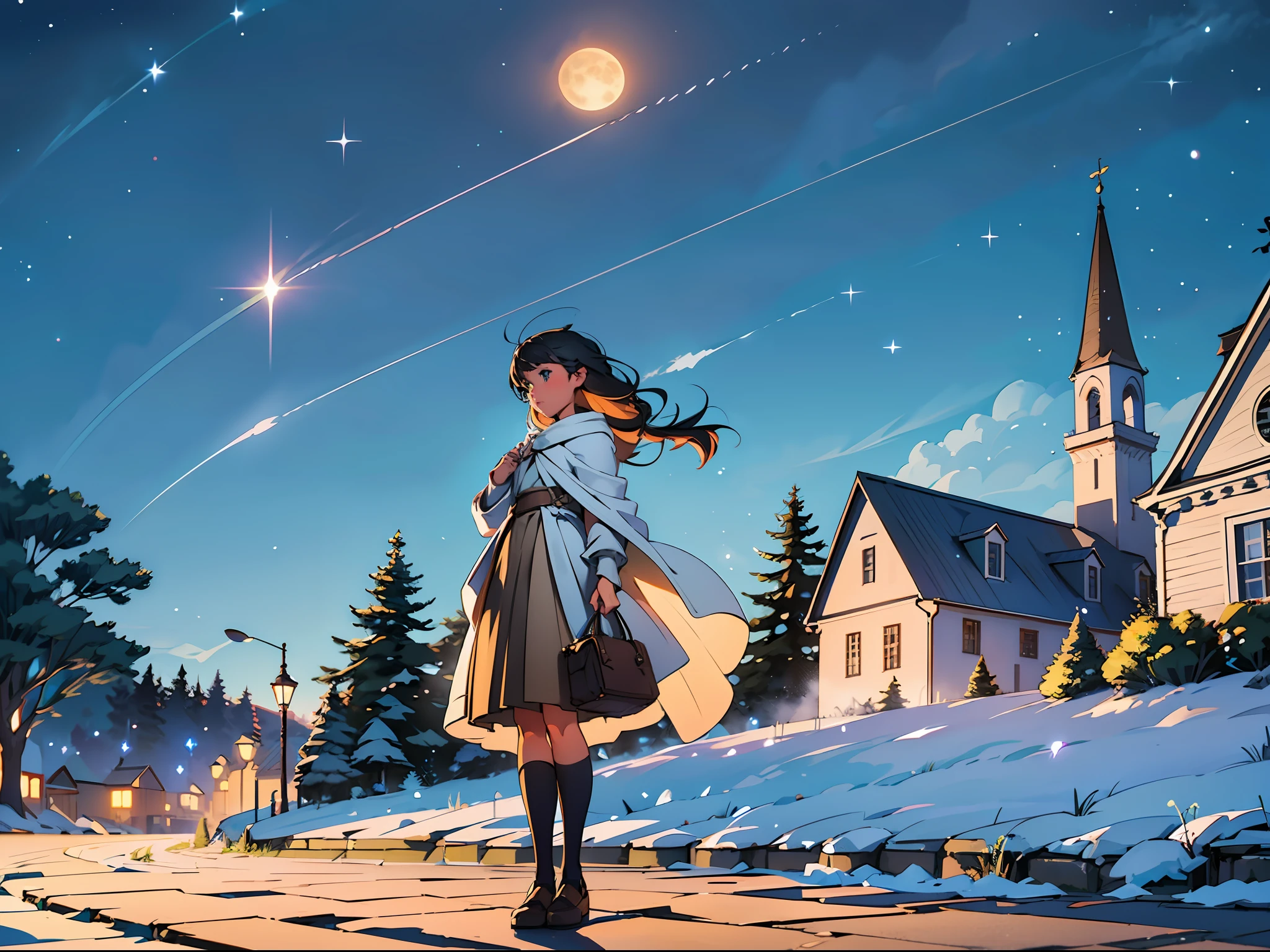 (best quality), stunningly mesmerizing, breathtaking moonlit view of the town,quiet and serene, star-filled sky with sparkling stars and bright full moon, cobblestone streets, old fashioned streetlights,the sound of rustling leaves in the breeze, a hint of mist in the air, distant church bells ringing, feeling of tranquility and nostalgia.