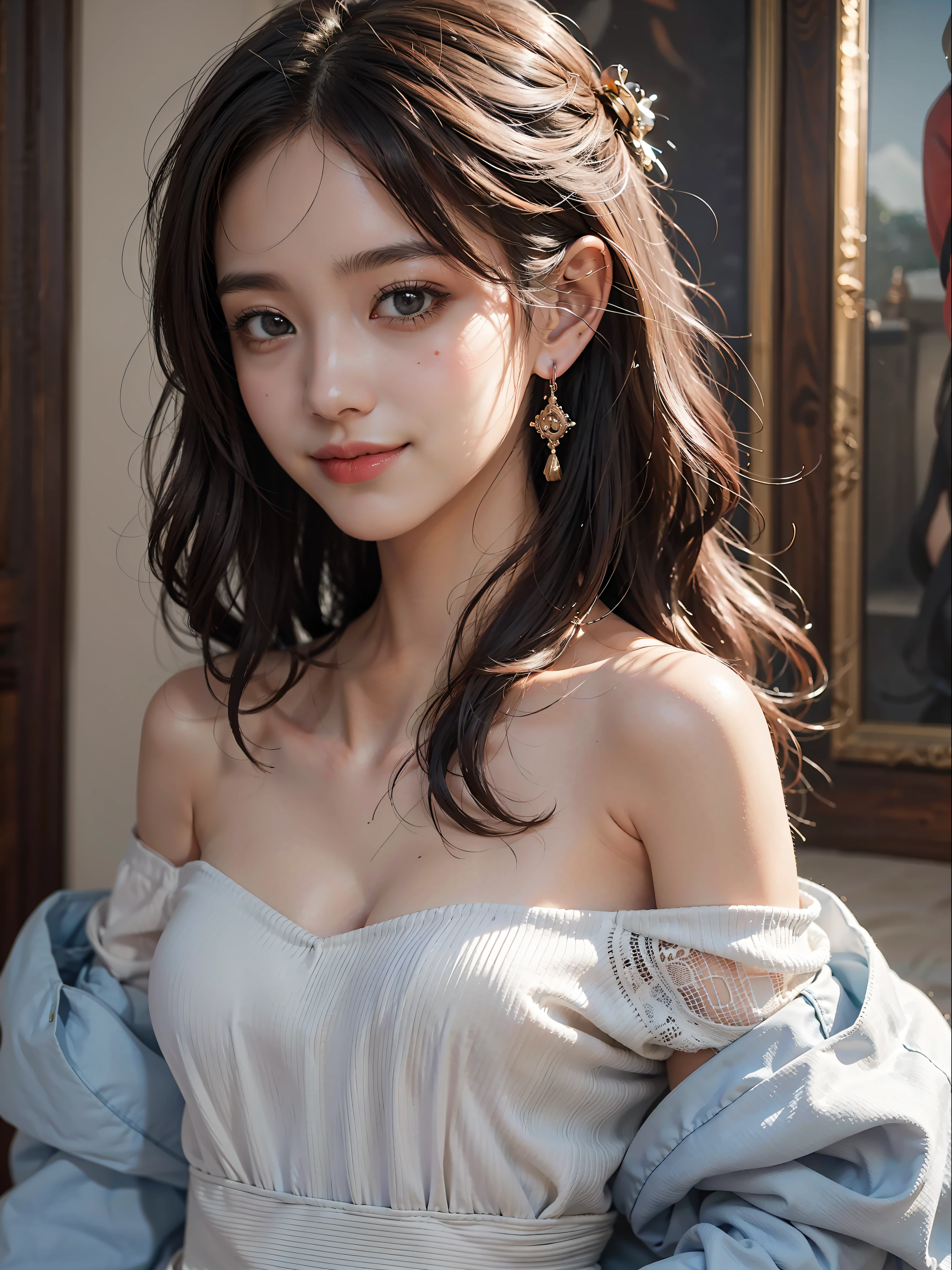 best quality, masterpiece, ultra high res, photorealistic, 1girl, offshoulder, smile
