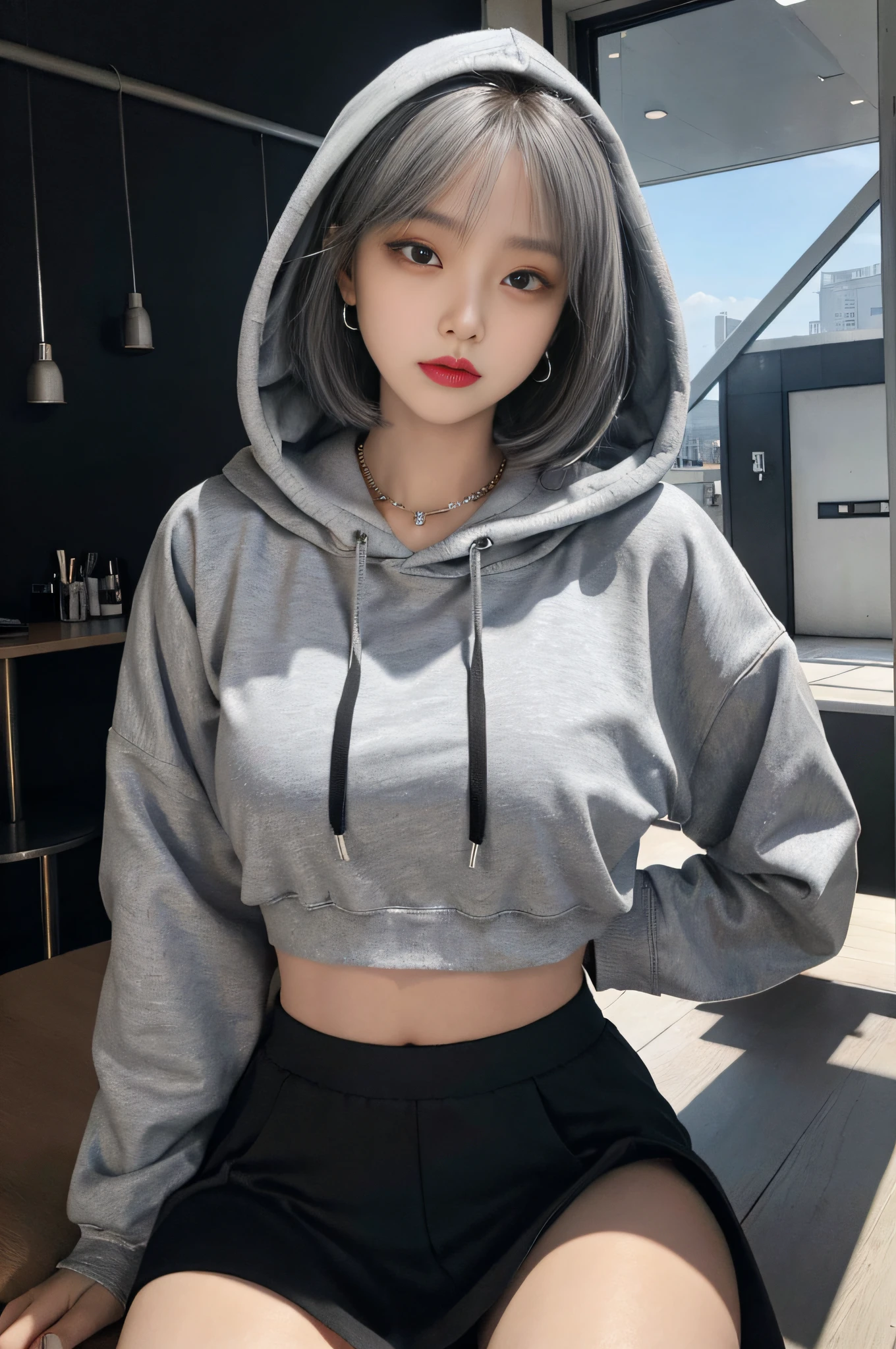 17-year-old cool Korean, big round breasts, hooded hoodie, cropped length cut and sewn, skirt, eyes beautiful to detail, eyelashes, beautiful double eyelids, eyeshadow, slender eyes, thin beautiful thighs, beautiful thin legs, perfect eye makeup, gray hair, bob cut, , necklace, earrings,