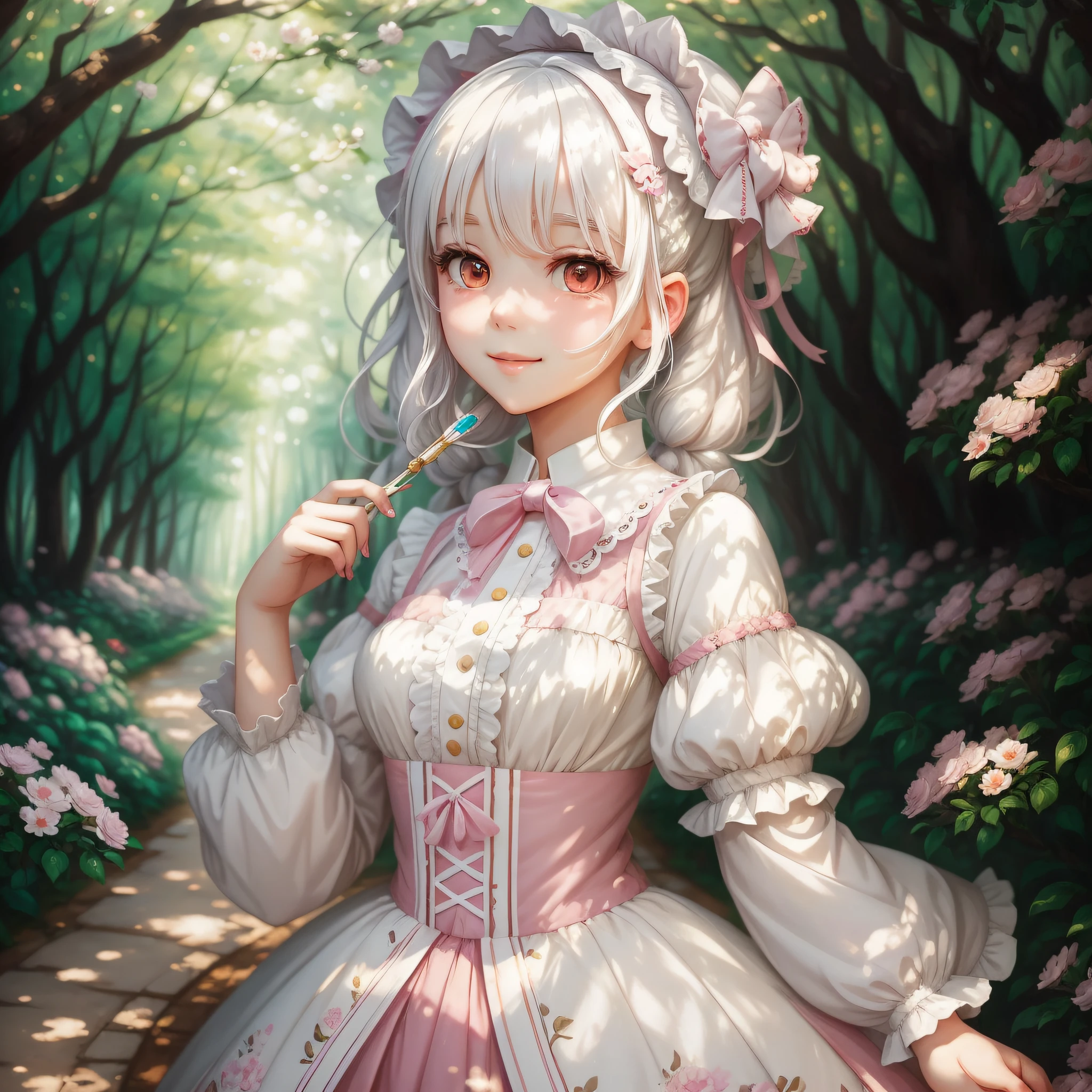(masterpiece), painting style [Lolita + cute], character [young girl + white hair], best light and shadow, color [clothes are mainly white and pink], beautiful background [garden or forest], need more details, smile. --auto --s2