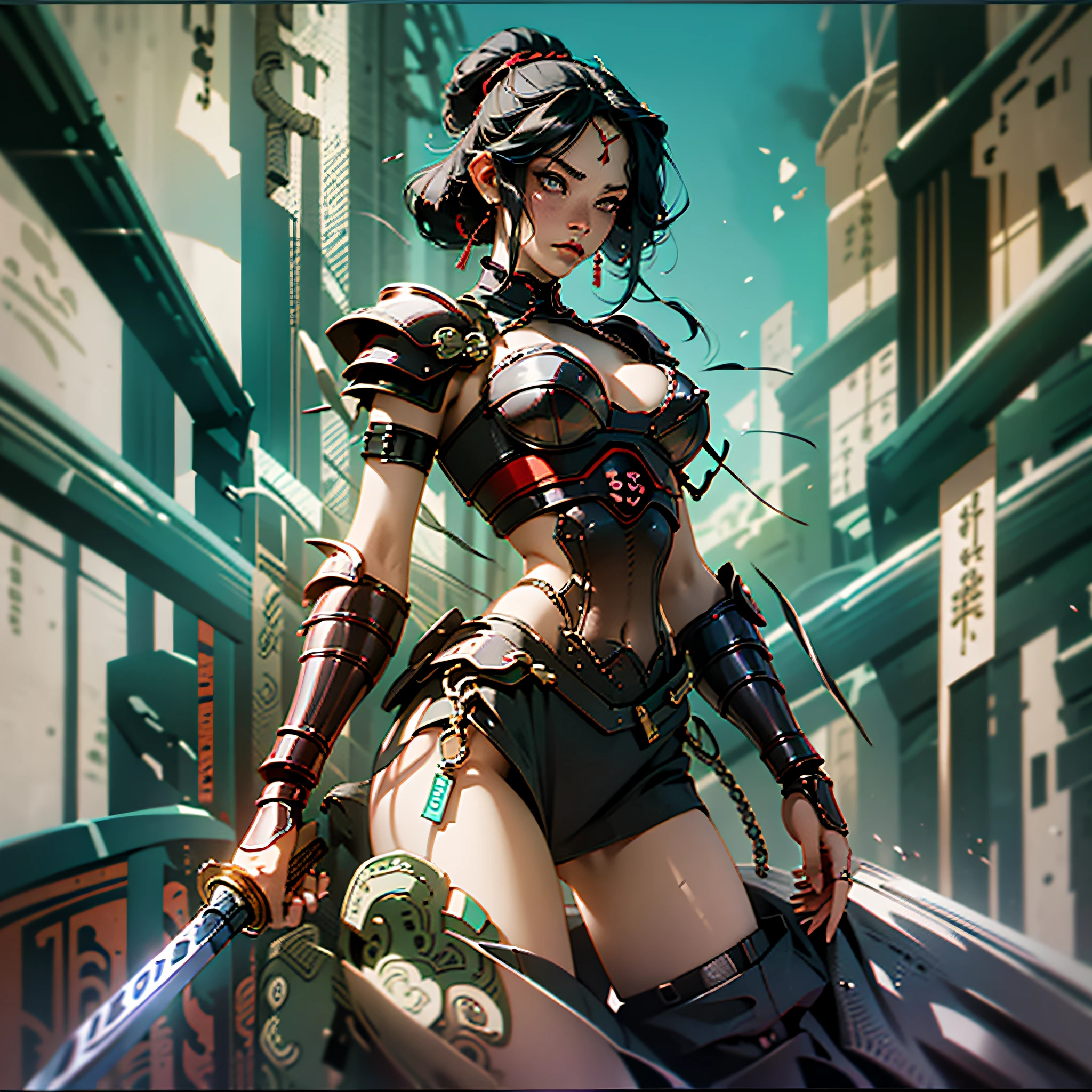 woman, samurai, red samurai sword, full body, large breasts, wide hip, thin waist, full breasts, detailed, very detailed, tattoos by the body, best quality, black hair, channel cut, green and white samurai armor, hand on sword, hand on hip, slightly open legs, fighting position, green locks in hair, cheerful lighting, blurred background, japanese city, market, whole body, futuristic setting, biomechanical armor, detail on sword handle, sculptural silhouette, yummy, hentai, anime style, hentai style, naughty face, --auto --s2