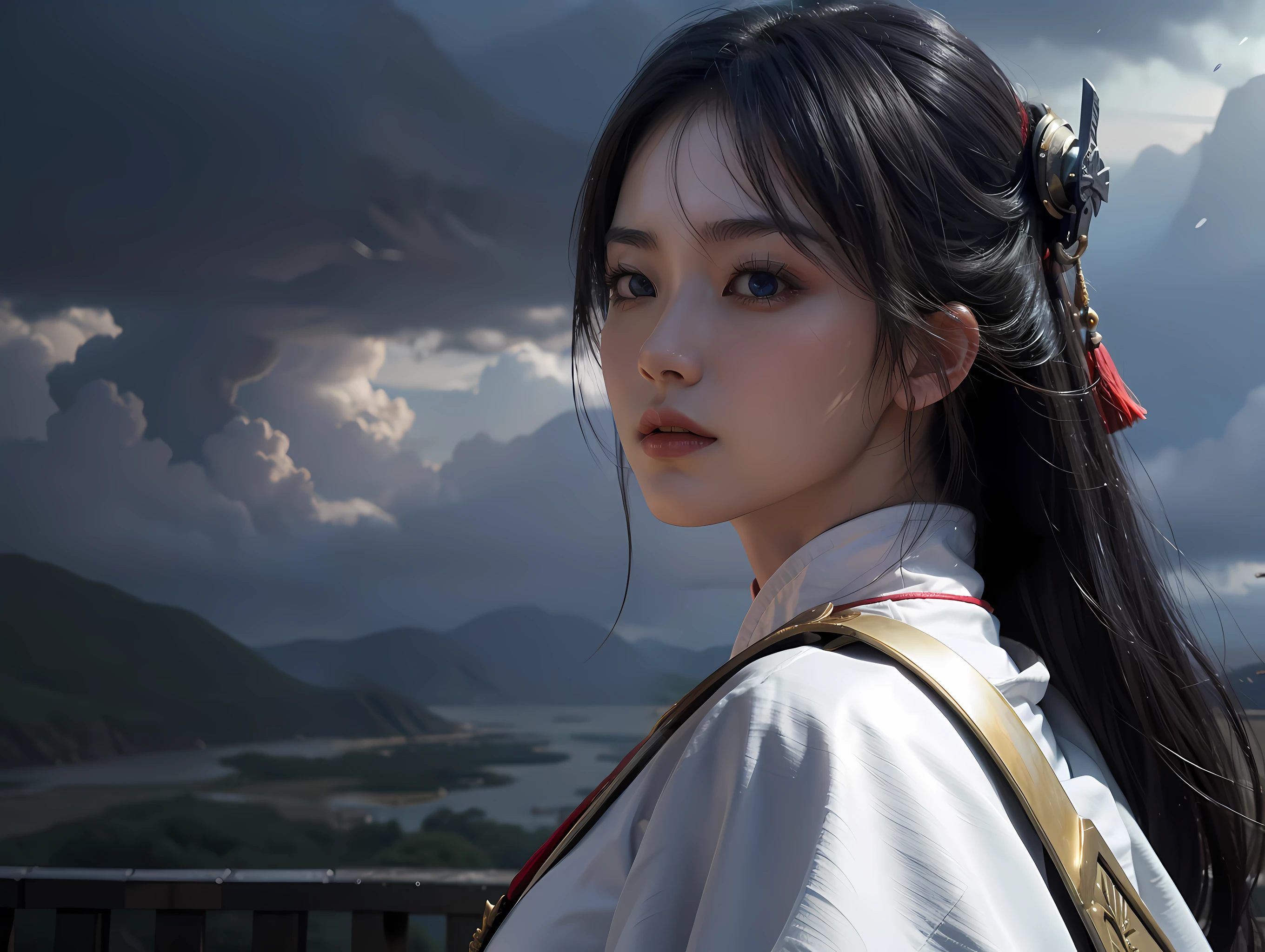 An intense and dramatic Battle Royale scene with samurai warriors, showcasing the best quality and ultra-detailed CG in an extremely delicate and beautiful way. The focus is on the dynamic and powerful poses of the samurai in a high-resolution, dynamic angle. The scene includes blue eyes, multicolored hair, and a white wuxia outfit with a neck ribbon for a beautiful face and striking look. The backdrop features too many drops of water, a cloudy and twilight atmosphere, in a watercolor style for a wide shot view.