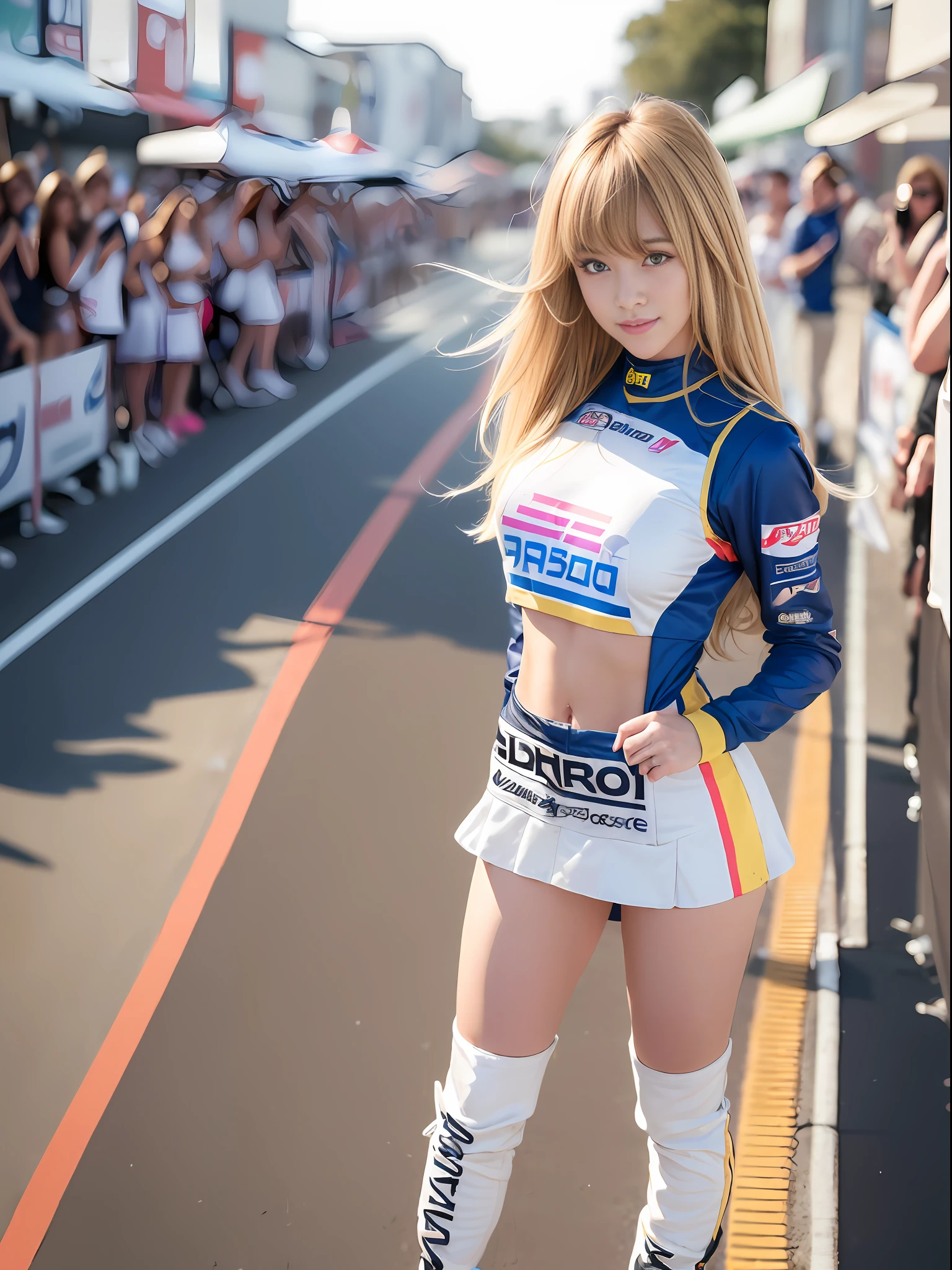 Masterpiece, Ultra High Definition, (Photorealistic:1.4), 8K, RAW Photography, Best Quality, Detail Shadows, Best Quality, Amazing, Fine Detail, Official Art, Absurdity, Soft Lighting, Sharp Focus, (Bokeh:1.5), Frontal Light, Bloom, Movie Lighting, Light on the Face, Look Viewer,Full Body:1.3
1 person, (small:1), (cleavage:1.2), (blonde hair:1.2), (long hair:1.3), (bangs:1.5), very cute, (narrow waist:1.8), (abs:0.7), 23yo,(collarbone:1), (wide forehead:1), (Japan face:1.3), (drooping eyes:1.8), (wide forehead:1.5), (fair skin:1.5), (transparent skin:1.3),(Japan idol:1.3), ( Cute:1.3), (laughs:1.6), Grid Girl, (Race Queen), (Wearing a grid girl costume with sponsor's logo printed on it:1.4), (Colorful:1.5), (Standing in a motorsports race: 1.5), (Motor circuit: 1.5), Racing Car, (Skirt: 1.1), (Sleeveless: 1.8), Knee boots
Photorealistic