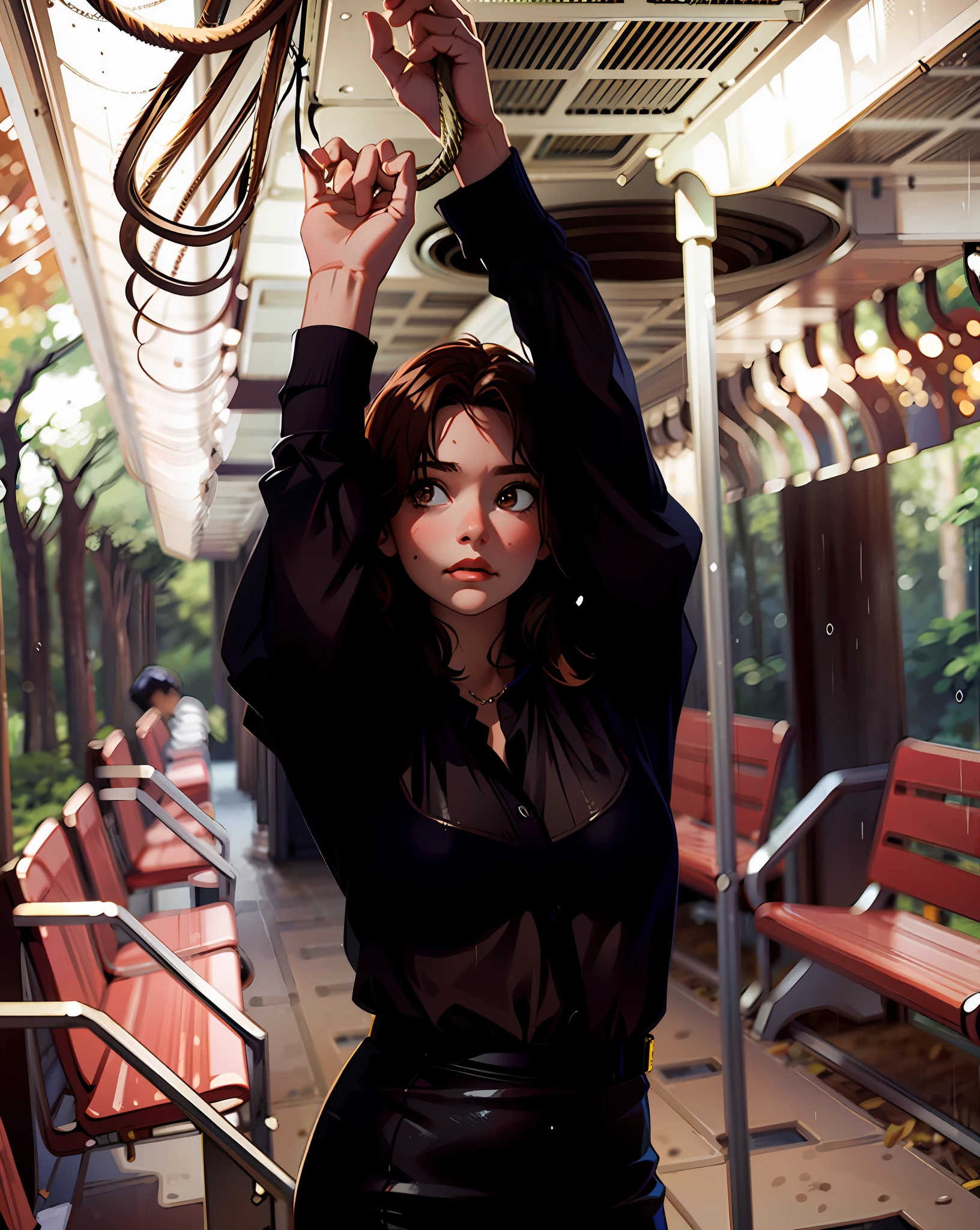 a hyper-realistic portrait of a young woman, half asleep, under a tree, inside a forest, lots of rain, in the middle of nature, 22 years old, realistic, (lying on her side), she is wearing a red panties, (wearing minimal dress), sexy, (huge breasts 2:1), wet clothing, short brown hair, (hair tied with bows), curved, SFW