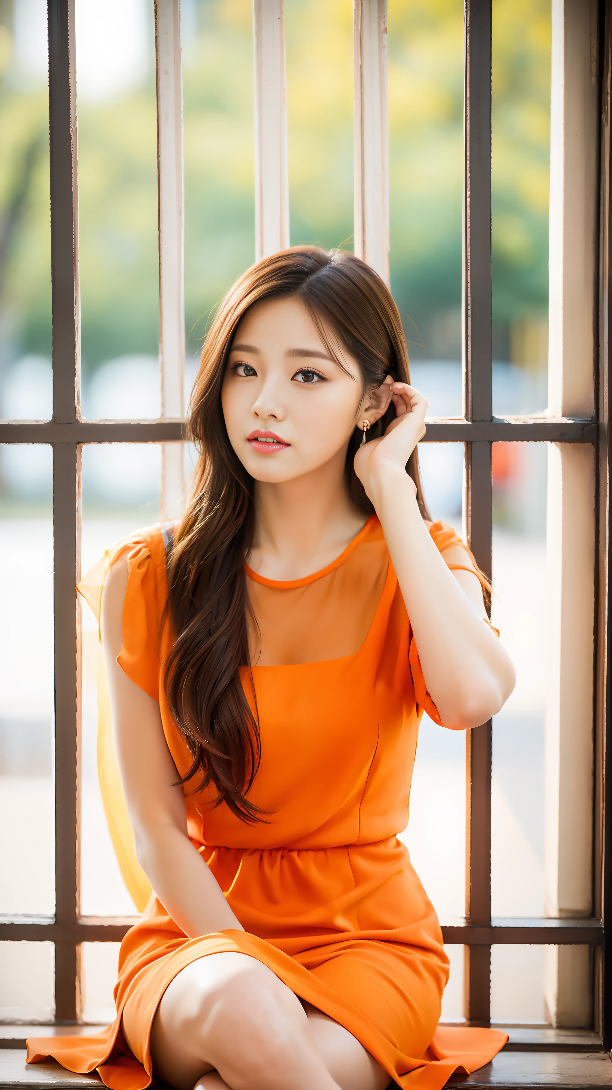 A pretty girl in orange dress sitting