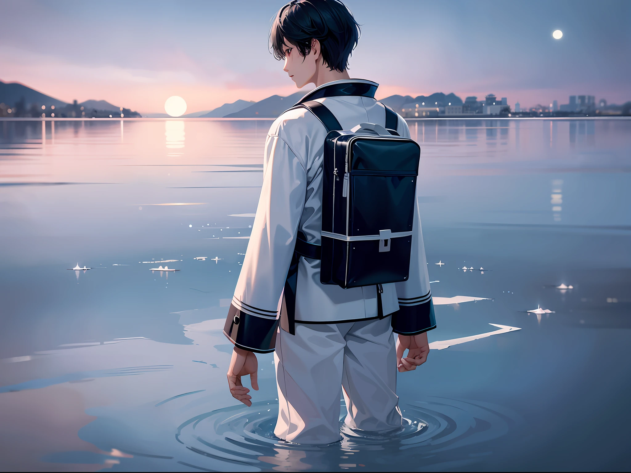 a teenager male, stand alone on the lake surface, look at the moon, the water surface mirror, snowy, Hanfu, panorama, from behind, ray tracing, reflection light, chiaroscuro, cinematic lighting, glowing light, masterpiece, best quality, high details, highres, ccurate, textured skin, high quality, UHD, HD