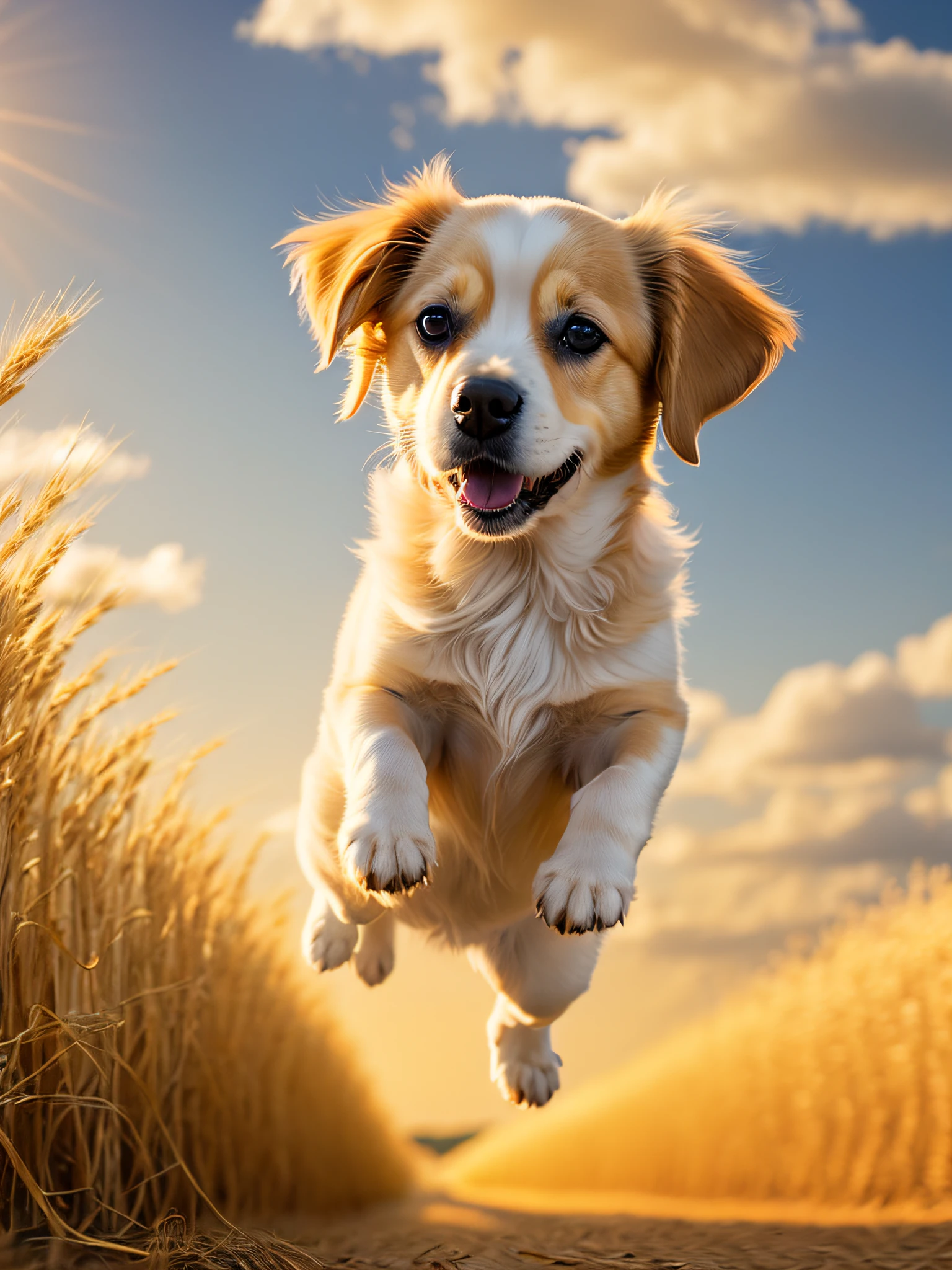 Photo of a very cute jumping puppy in a golden wheat field, sky at sunset, white clouds, soft volumetric light, (backlight: 1.3), (movie: 1.2), intricate details, (ArtStation: 1.3), Rutkowski