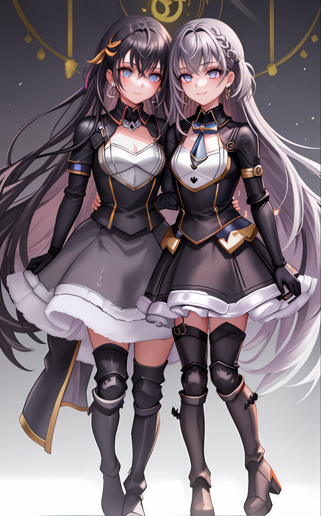 Full body shot, woman, coiled hair, messy hair, hair accessories, earrings, sweet smile, smoky makeup, eye shadow, glowing eyes, wearing full body armor, flat chest, gloves, white tights, boots