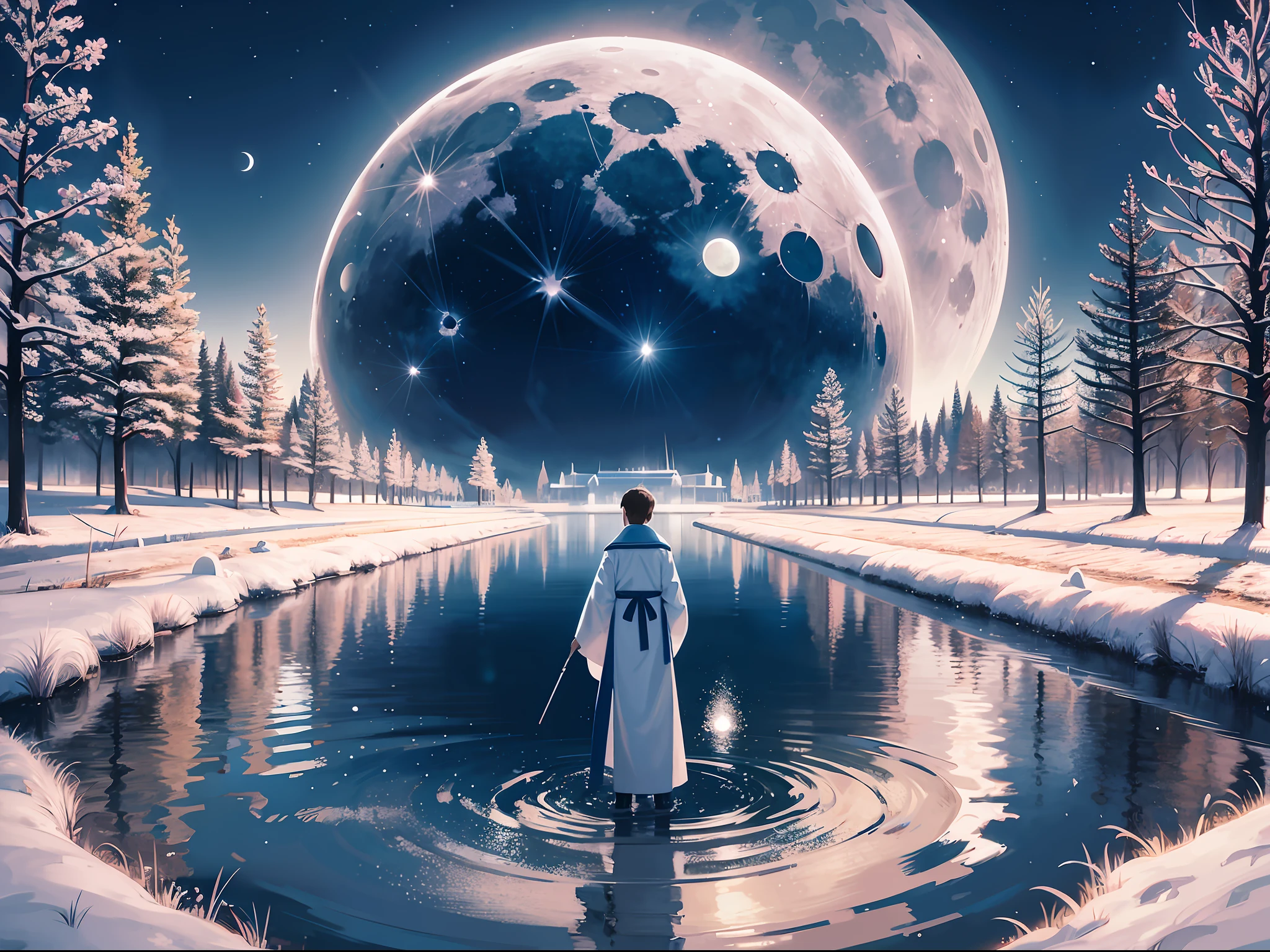 a male, stand alone on the lake surface, look at the moon, the water surface mirror, snowy, Hanfu, panorama, from behind, ray tracing, reflection light, chiaroscuro, cinematic lighting, glowing light, masterpiece, best quality, high details, highres, ccurate, textured skin, high quality, UHD, HD