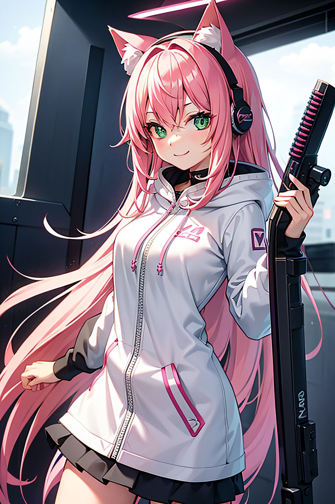 Pink hair, cat ear, Green eyes, straight hair, hairpin, smile, shotgun, headphones, hood down, halo, UHD, masterpiece, best quality