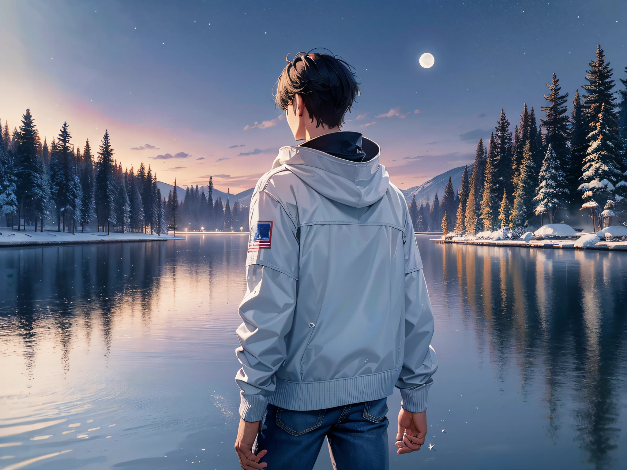 a teenager male, stand alone on the lake surface, look at the moon, the water surface mirror, snowy, panorama, from behind, ray tracing, reflection light, chiaroscuro, cinematic lighting, glowing light, masterpiece, best quality, high details, highres, ccurate, textured skin, high quality, UHD, HD