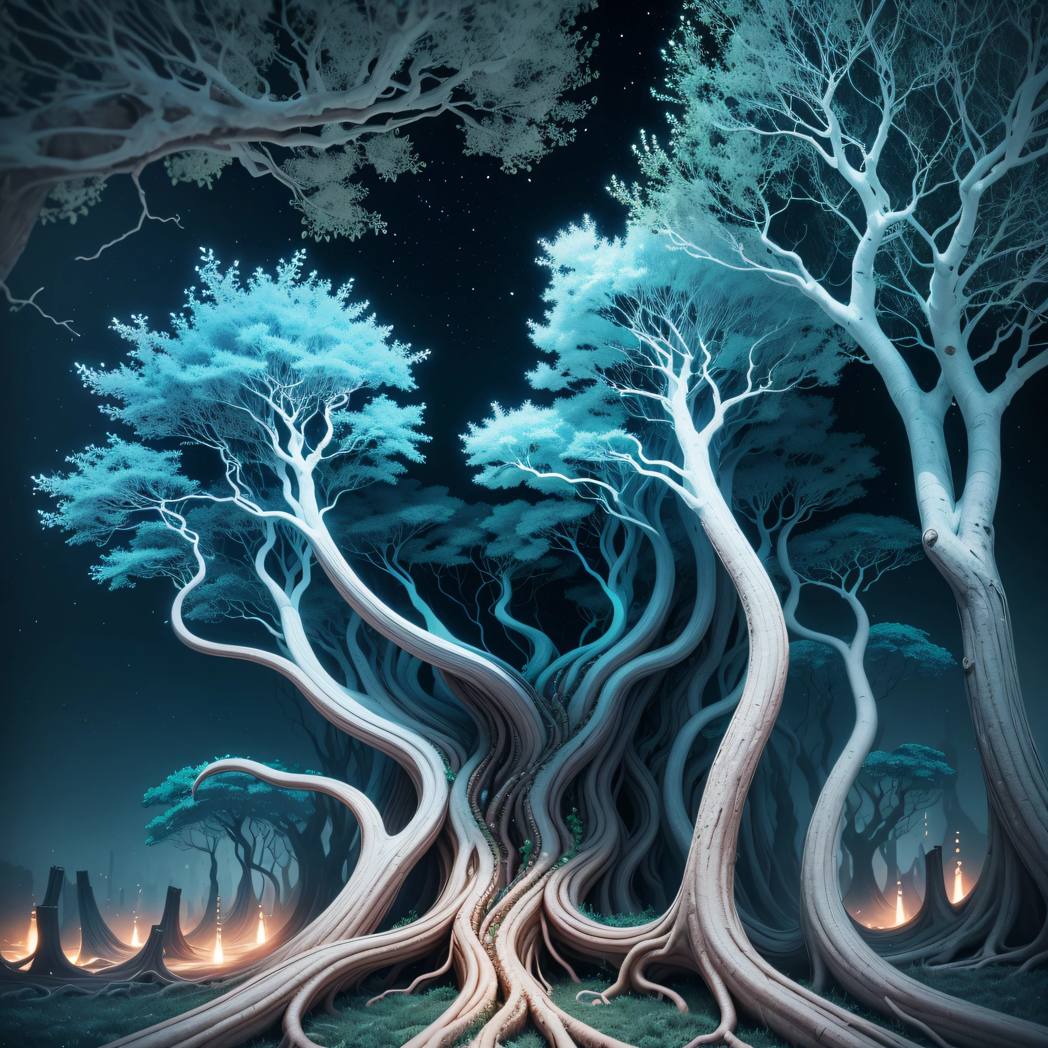 Photography of an alternate universe in which trees grow upside-down with gleaming, metallic roots that curve and bend in hypnotic symmetry, surrounded by divine, phosphorescent lights that illuminate the dark, ominous night sky. --auto --s2