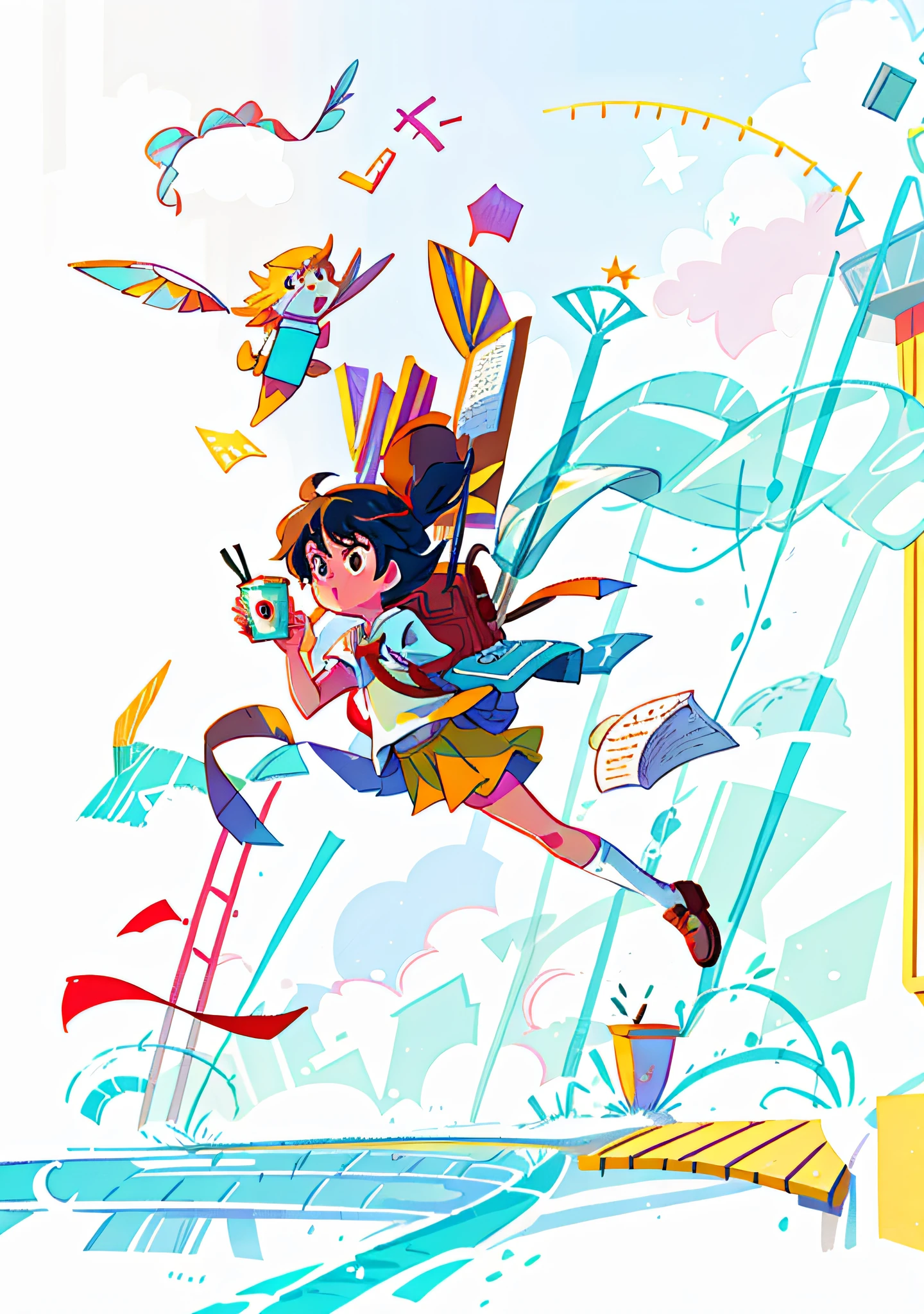 Make a flat illustration of a college student holding coffee in his hand, striding forward, carrying a school bag, school in the background, airy, flat character style, Pixar style, edge light, super delicate, brightly colored
