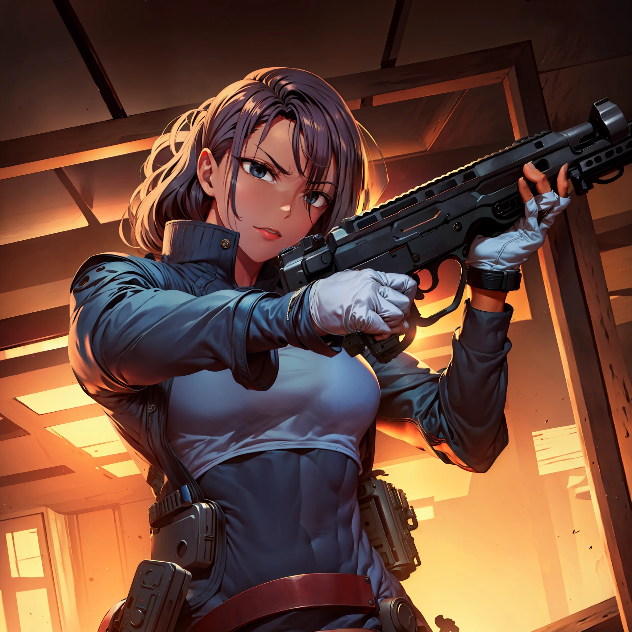 Full body, with high-top boots, gun pointing at the camera