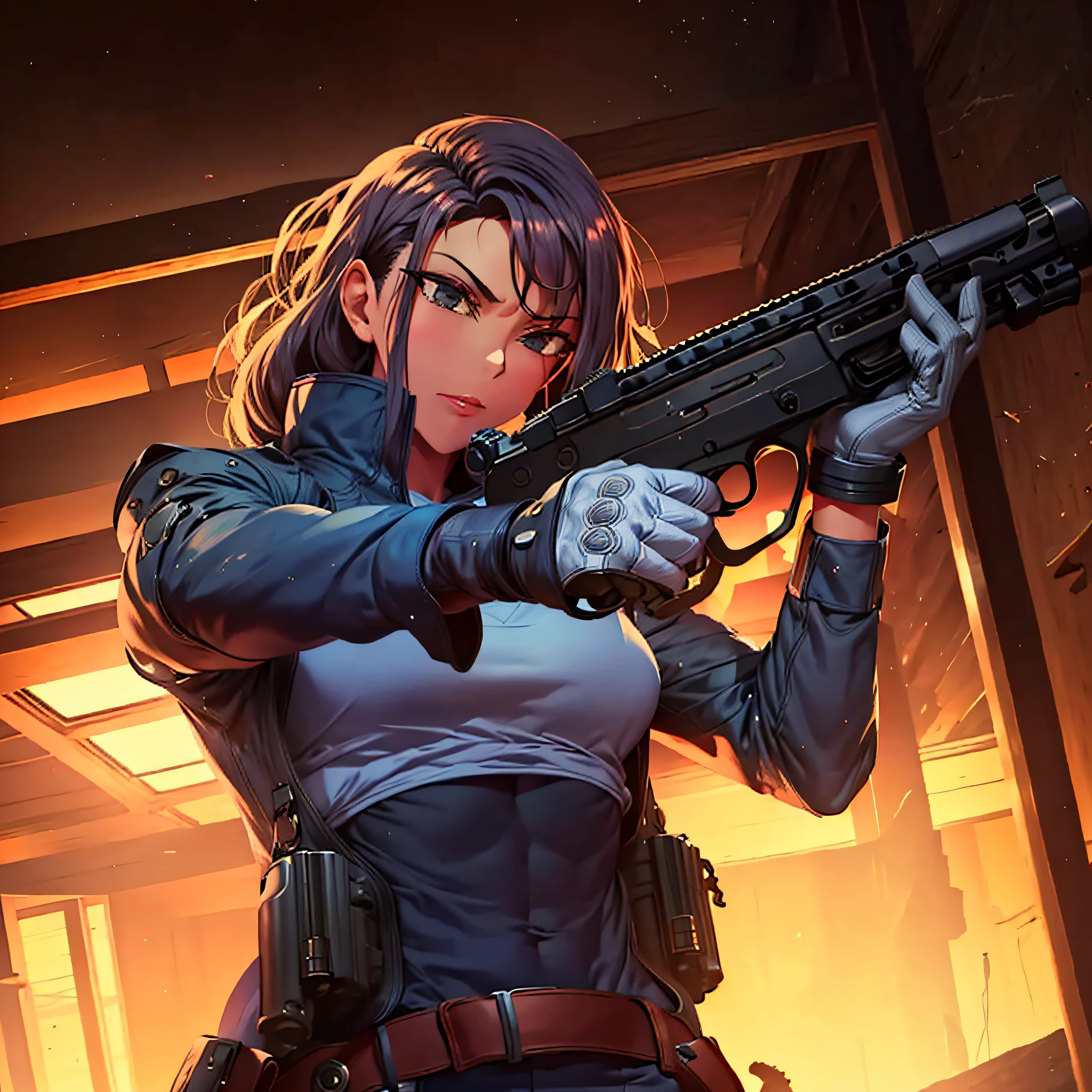 Full body, with high-top boots, gun pointing at the camera
