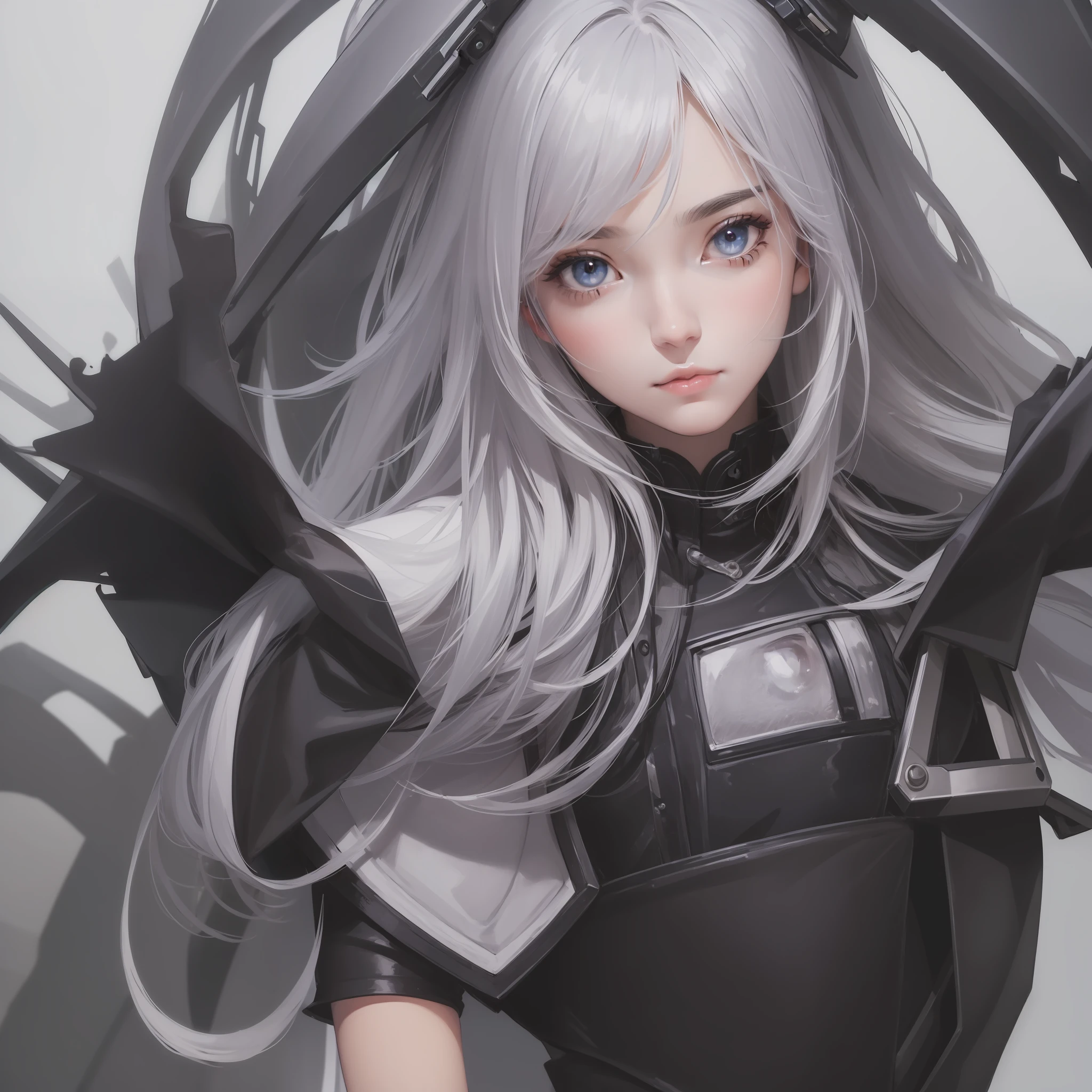 ((high quality, masterpiece:1.4)), 1girl, upper body, cyberpunk, black techwear, black gloves, white hair, japanese girl, symmetrical face, symmetrical eyes, looking at viewer, grey eyes, pretty face, beautiful face, beautiful eyes, beautiful girl, pretty girl, perfect facial shape, absurdres, realistic proportions, dynamic pose, high details, intricate, intricate details, realistic eyes, realistic eye proportions, sharp focus, 32k, realistic lighting, extreme details, realistic pupils, realistic proportion eyes, realistic proportions pupils, realistic shadows,