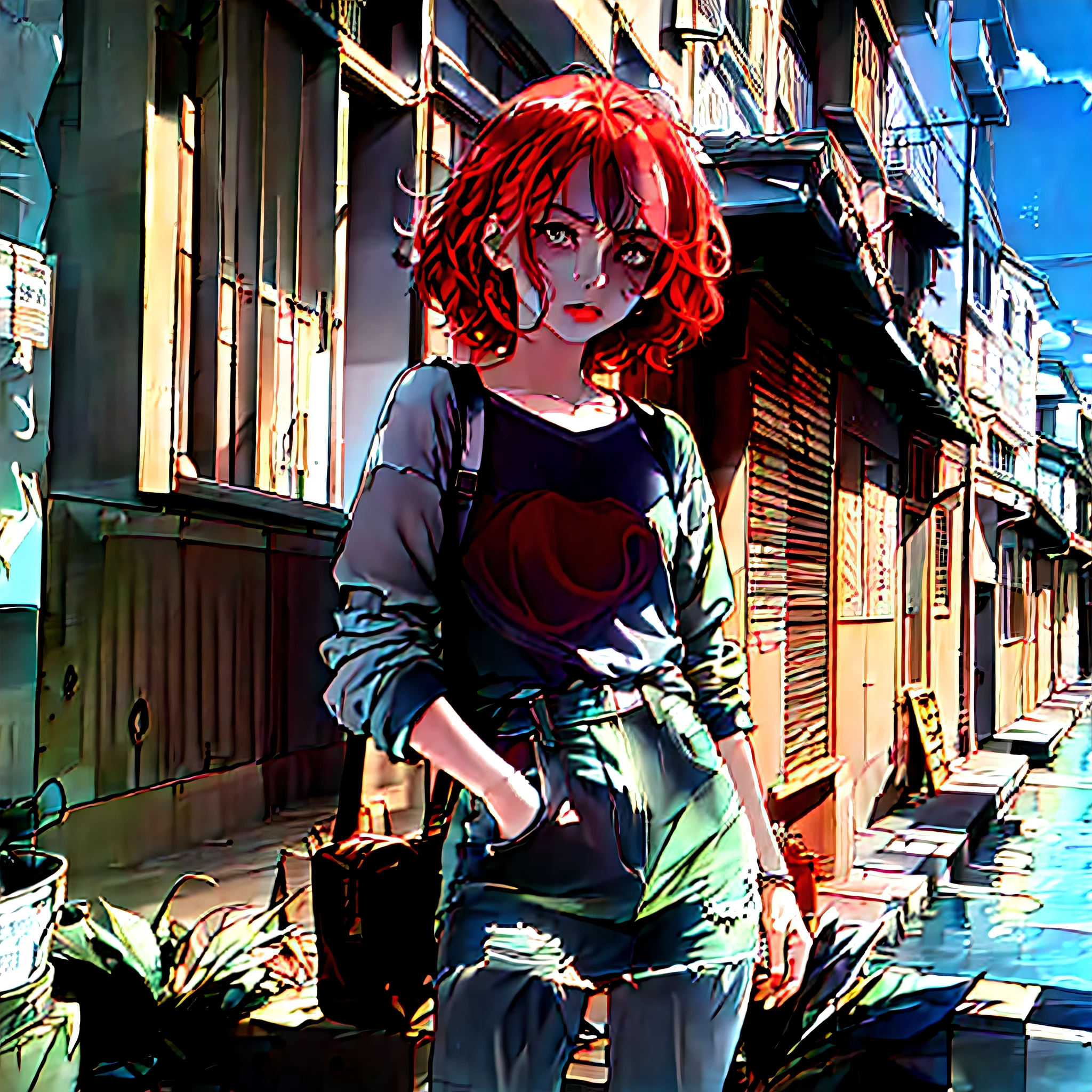 2d character, realistic anime, anime style, comics style, comics, marvel and dc, comic book teen, young, realistic anime, modern anime, modern comic, modern clothes, current setting, normal colors, 8k, girl, teen, anemic, young, trans woman, trans teen, girl, trans girl, trans teen, red hair, red hair, dry hair, disheveled hair, cool, round eyes, green right eye,  scar in the left eye blind white, brown skin, Brazilian, mixed-race, thin, trans, androgynous, masculine traits, woman, adolescent, young, delicate, very small breasts, shirt with long sleeves, blue jeans skirt, cool, dark, traumatized, sad, melancholy, background of the image is the city of Rio de Janeiro anime version.