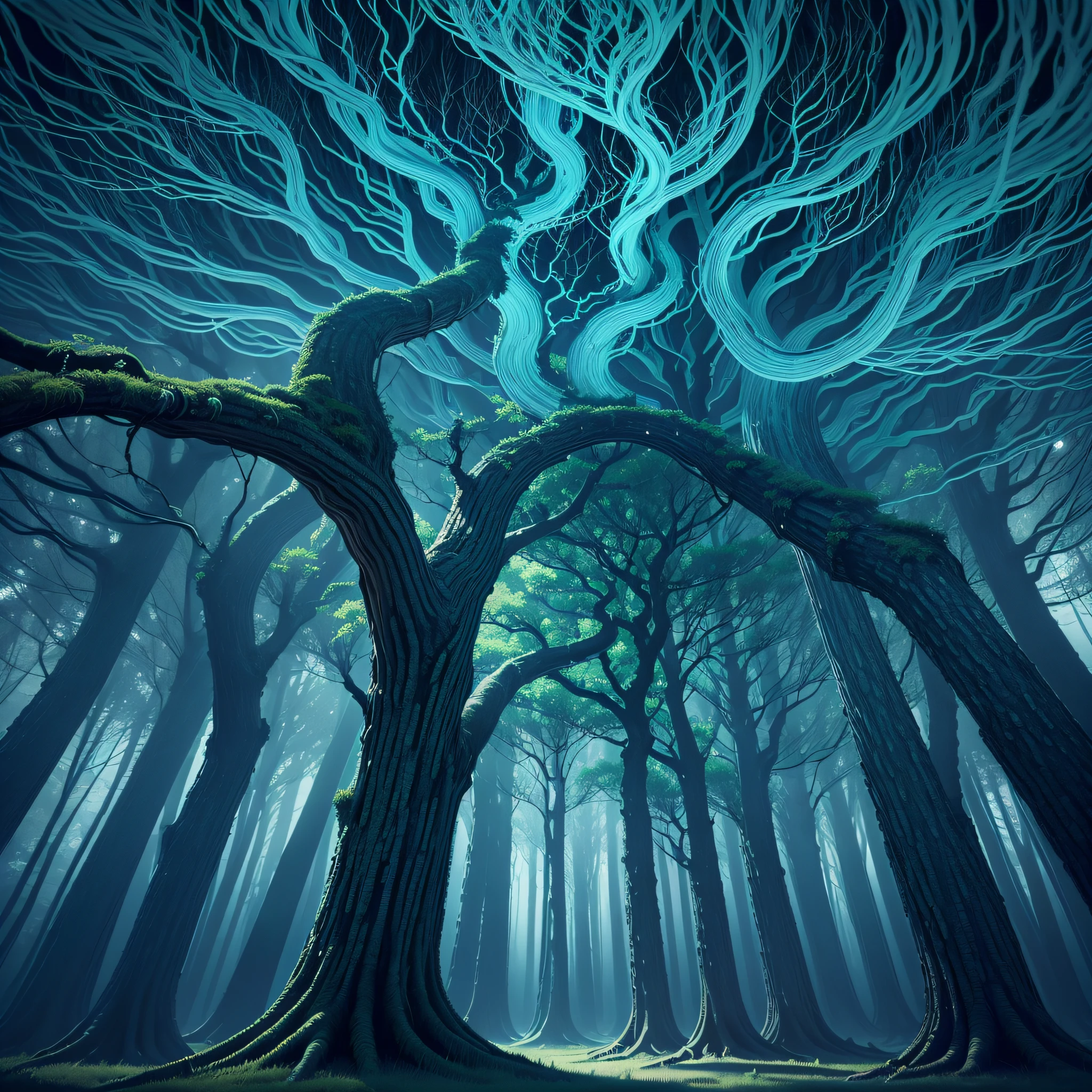 Photography of an alternate universe in which trees grow upside-down with gleaming, metallic roots that curve and bend in hypnotic symmetry, surrounded by divine, phosphorescent lights that illuminate the dark, ominous night sky. --auto --s2