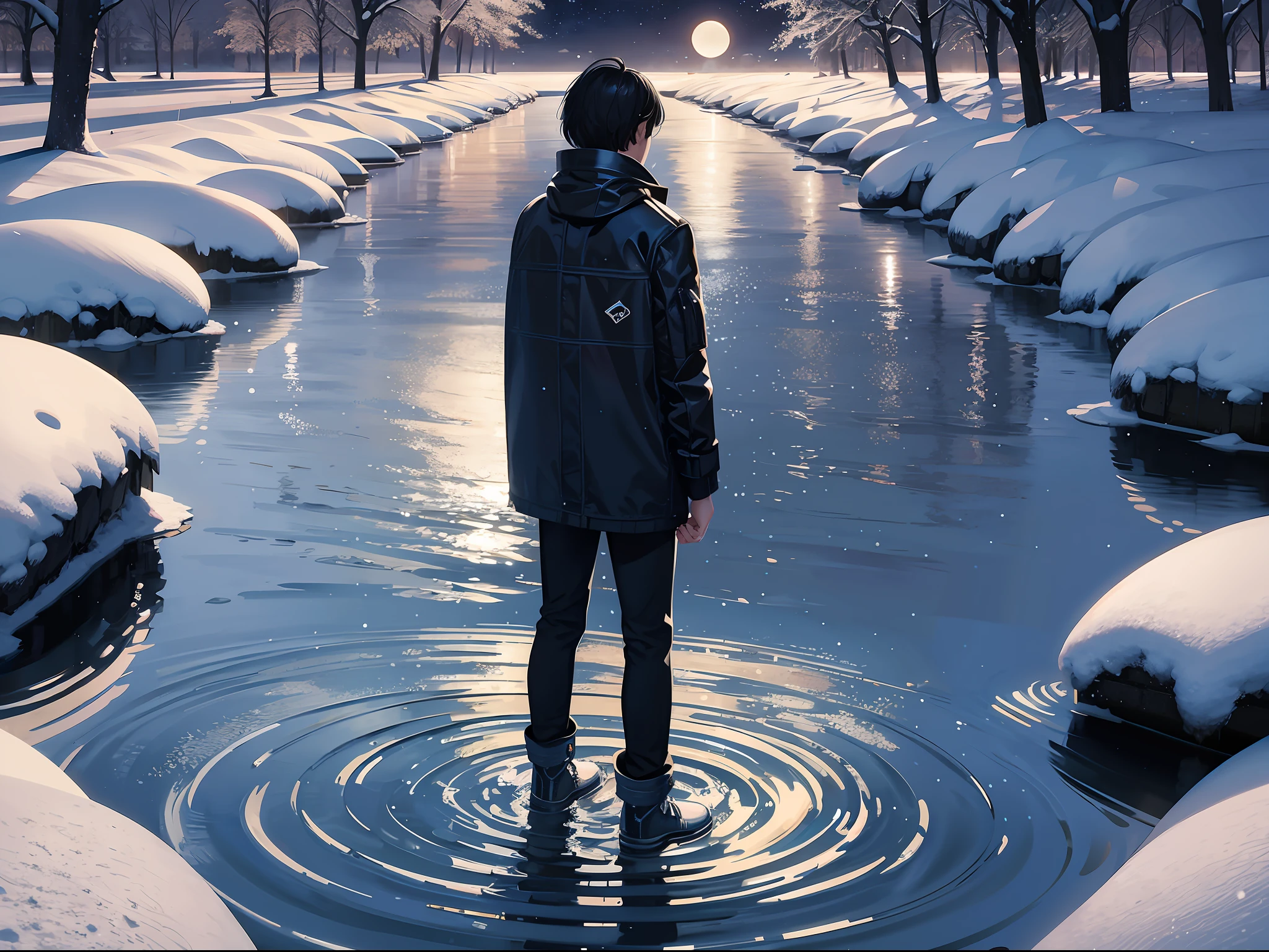 a  male, stand alone on the lake surface, look at the moon, the water surface mirror, snowy, dark night, panorama, from behind, ray tracing, reflection light, chiaroscuro, cinematic lighting, glowing light, masterpiece, best quality, high details, highres, ccurate, textured skin, high quality, UHD, HD