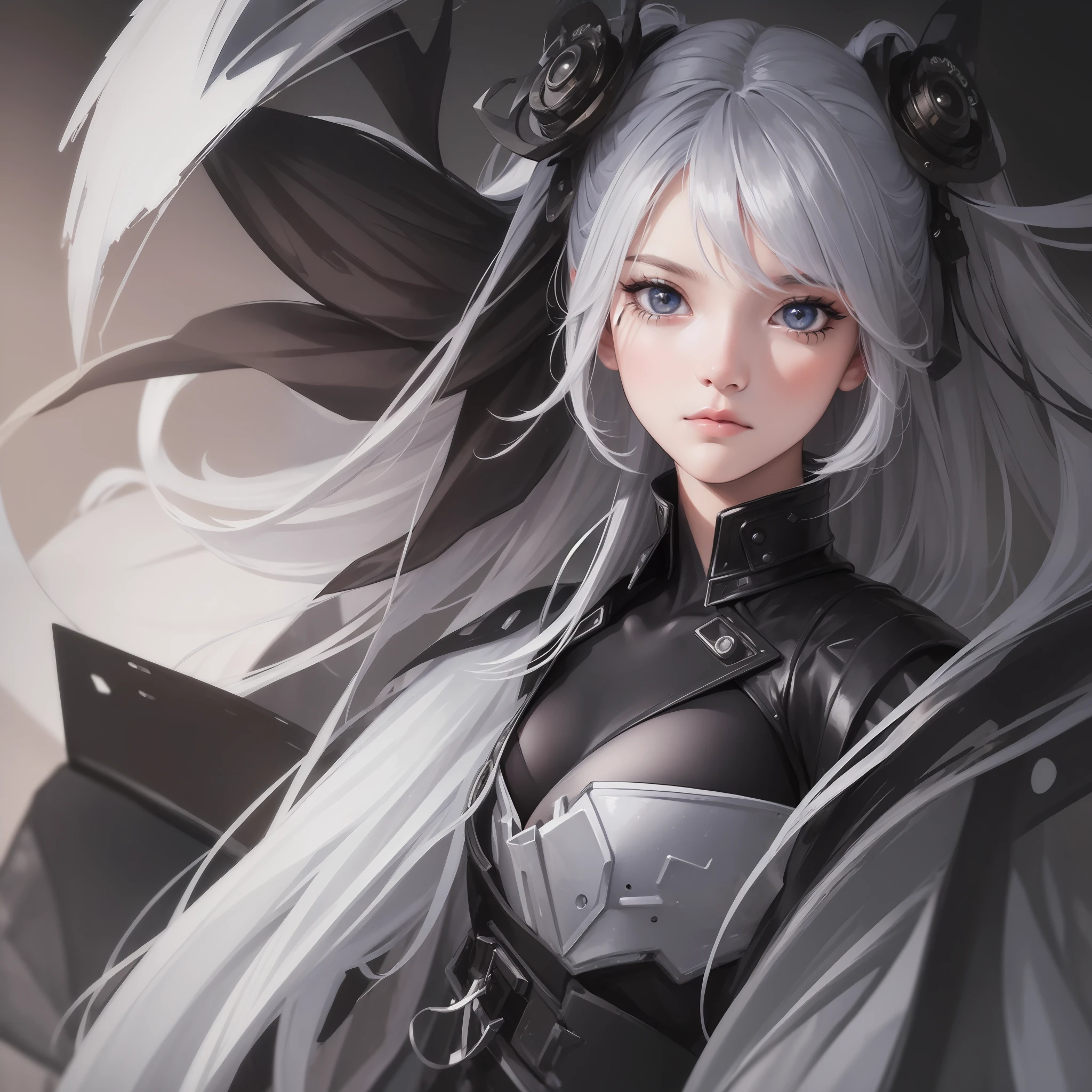 ((high quality, masterpiece:1.4)), 1girl, upper body, cyberpunk, black techwear, black gloves, white hair, japanese girl, symmetrical face, symmetrical eyes, looking at viewer, grey eyes, pretty face, beautiful face, beautiful eyes, beautiful girl, pretty girl, perfect facial shape, absurdres, realistic proportions, dynamic pose, high details, intricate, intricate details, realistic eyes, realistic eye proportions, sharp focus, 32k, realistic lighting, extreme details, realistic pupils, realistic proportion eyes, realistic proportions pupils, realistic shadows,