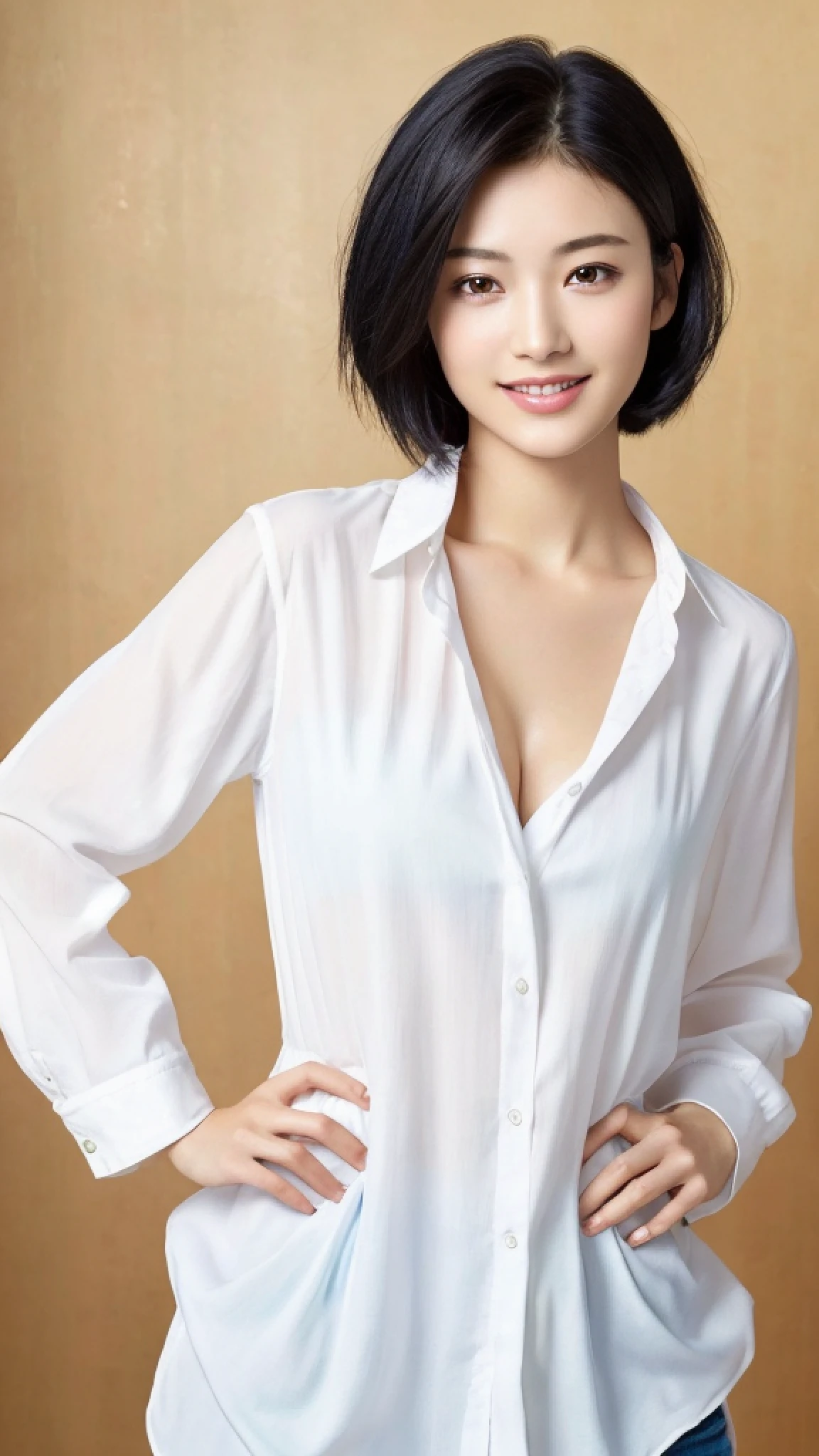 (masterpiece:1.3), (8k, photorealistic, RAW photo, best quality: 1.4), japanese, (1girl), beautiful face, (realistic face), (black hair, short hair:1.3), beautiful hairstyle, realistic eyes, beautiful detailed eyes, (realistic skin), beautiful skin, attractive, ultra high res, ultra realistic, highly detailed, golden ratio,  (detaled face:1.2),looking at viewer,smile,open white shirt,medium breasts,standing,hand on hip