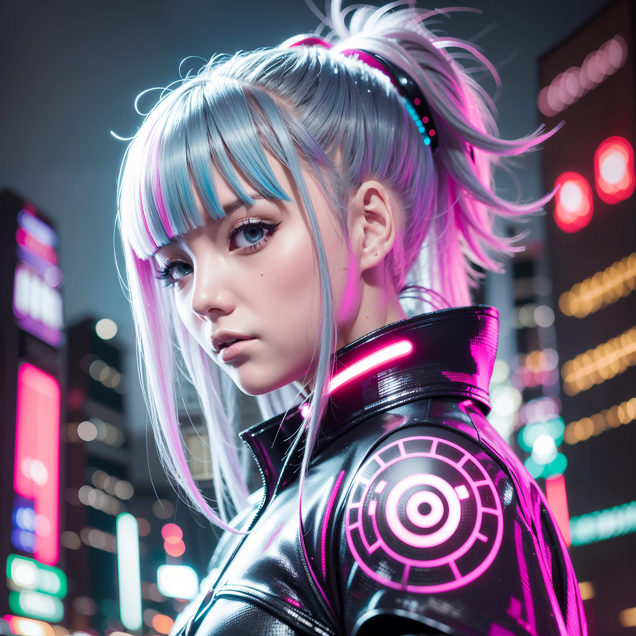 Young 1 Japan girl dressed in shiny clothes as a cyberpunk character in neonninja style, futuristic city. Hair scrunchies, princess cut, silver hair, colored tips, medium hair, multicolored hair, bangs parting, parted lips, red lipstick, full moon, gray eyes, sexiness and coolness, night, neon, futuristic, concept art, blade runner worldview, toron worldview, ghost in the shell world view, painting, illuminated, close-up, detailed light, backlit glowing. Rainy night in cyberpunk city with glowing neon lights. Dynamic and dynamic composition.