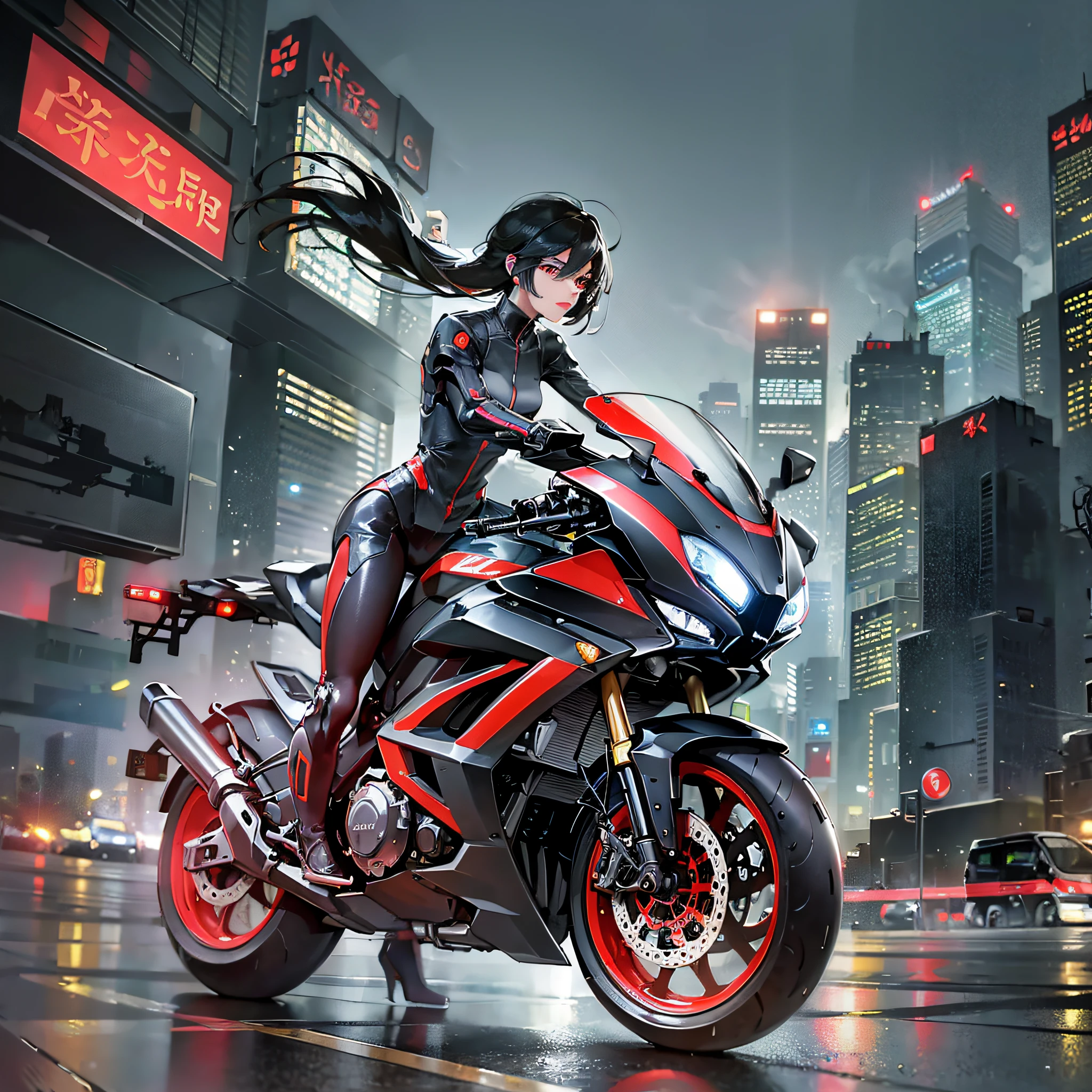 On the dystopian streets of Hong Kong, the science fiction twist is a flying motorcycle speeding across the ground while a high-speed train whizzes high in the air. The weather is gloomy and rainy, and blurry street lights illuminate the landscape in this futuristic cityscape --auto --s2