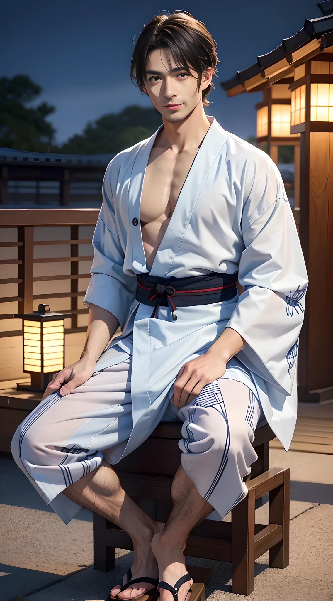 (head shot), (in his 30's of age), (spread his legs), (showing his bikini swimsuit), one tanned tall handsome muscular man in his 30's, wearing black Japanese YUKATA, A men's yukata is a casual Japanese summer garment. It is typically made of lightweight cotton or linen fabric and has a loose, kimono-style design. The yukata is worn by men for various occasions, such as summer festivals, fireworks displays, or relaxing at traditional hot spring resorts. It features a simple, straight-cut silhouette, with wide sleeves and a wraparound style secured by a narrow belt called an "obi." Men's yukata designs often incorporate traditional patterns, such as stripes, geometric motifs, or nature-inspired prints. When wearing a yukata, men may pair it with geta sandals and complete the look with a simple accessory like a folding fan. The yukata provides a comfortable and stylish option for men to enjoy the summer season in Japan. many fireworks in the background, mischievous smile, (high detail:1 1)、big male genitals under bikini, Natural muscle、highly quality、beautiful eye、(detailed face and eyes)、(faceless:1 2)、noise、real photo、...PSD、sharp focus、high resolution 8k、Realistic and professional photos、8K UHD、soft lighting、highly quality、film grain、Fujifilm XT3