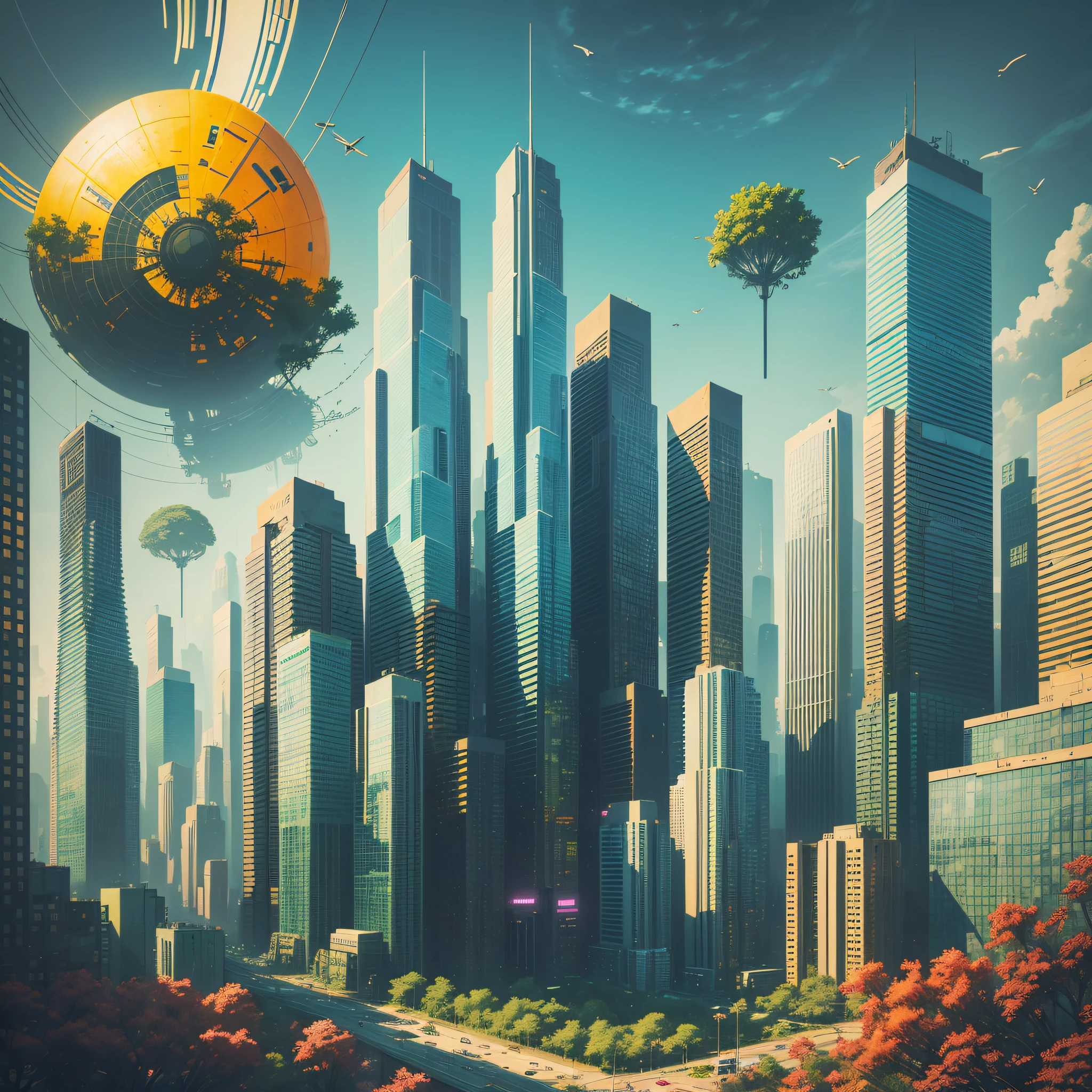 Create a mixed media artwork that captures the essence of a dystopian metropolis transformed by nature. Rendered in vibrant colors and bold lines, the art should depict a futuristic city overtaken by flora and fauna, with towering buildings and highways abandoned in favor of overgrown parks and forests. --auto --s2