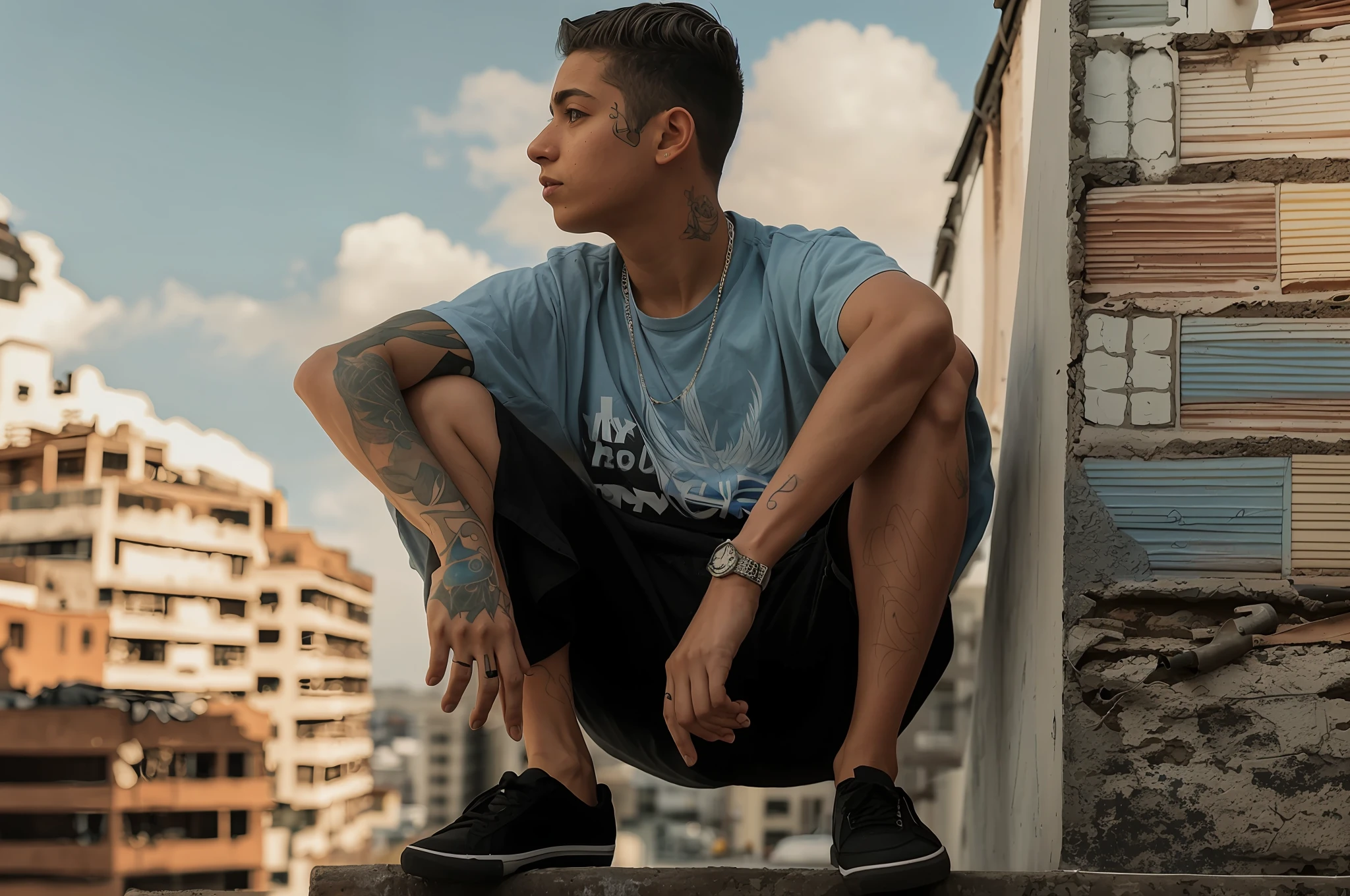 Turn this photo into a graffiti style drawing, sky with a beautiful blue and the brick wall spray-painted
