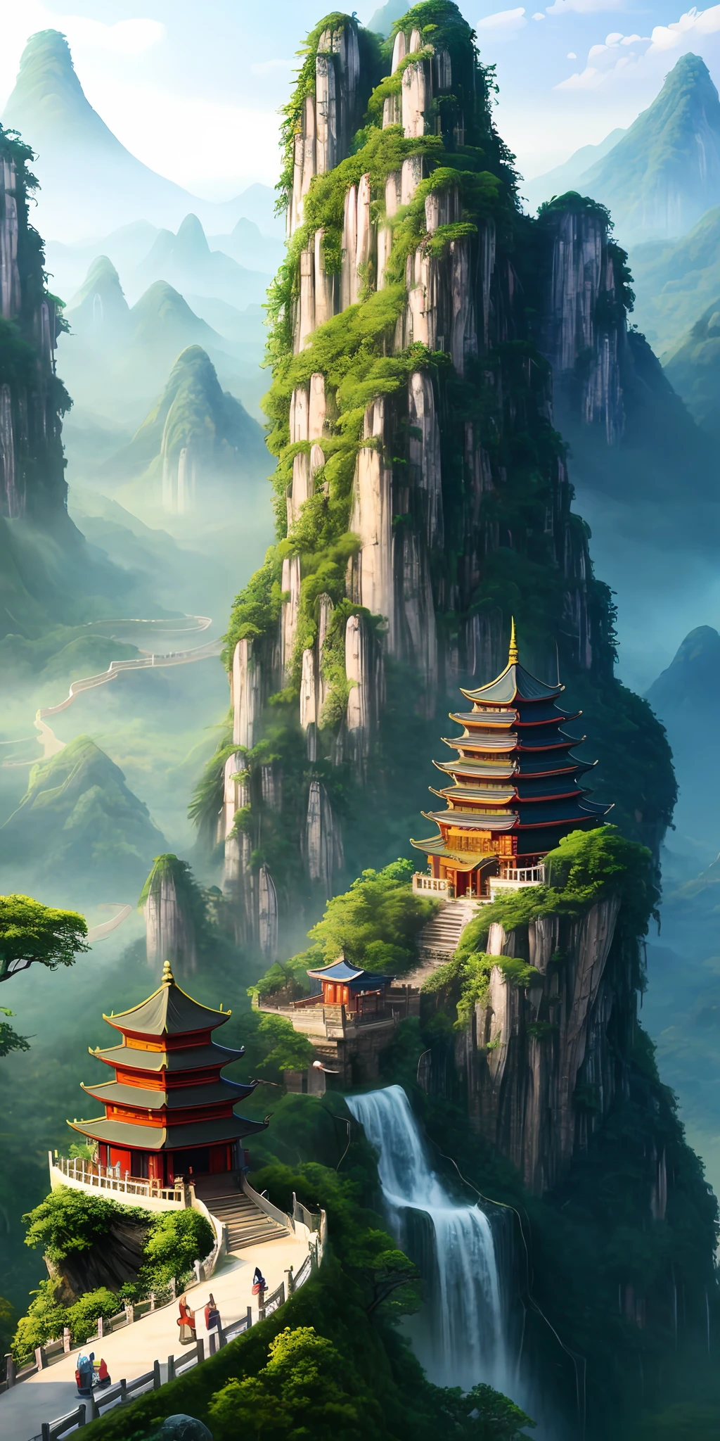 2. Mountain view with waterfall and pagoda in the middle, painted scene by Han Gan, winner of cg society competition, fantasy art, dreamy Chinese town, Chinese landscape, Chinese fantasy, made of trees and fantasy valley, ancient city view, order Impressive fantasy landscape, most epic landscape, pagoda on hill, mountainous jungle environment, avatar landscape, chinese village.