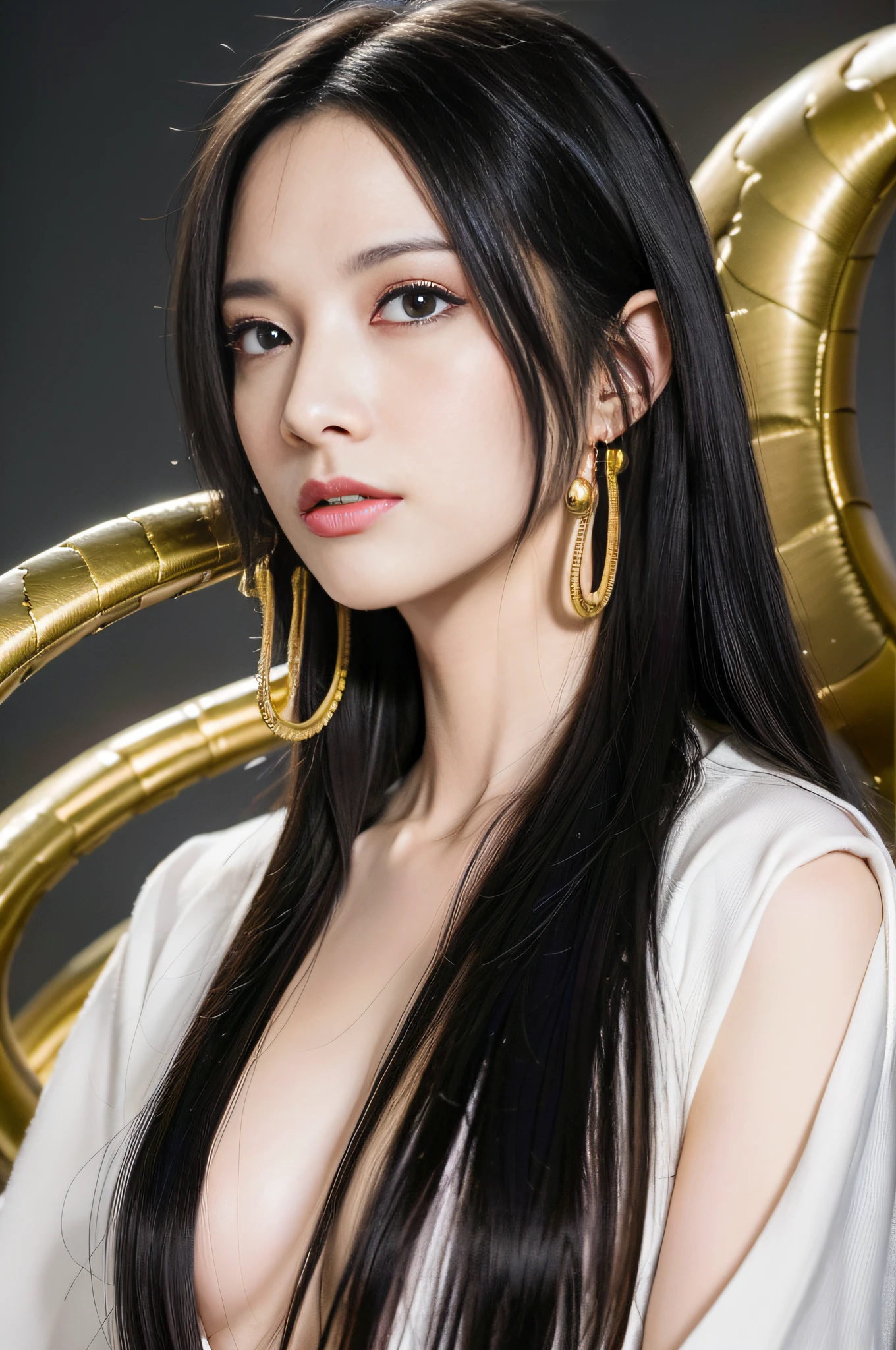 (((masterpiece+best quality+high resolution+ultra-detailed))), boa hancock, long silky black hair, high nose, sharp eyes, noble and inviolable temperament, (([female]: 1.2 + [beauty]: 1.2 + black long hair: 1.2)), snake_skull background, bright eyes, dynamic angle and posture.